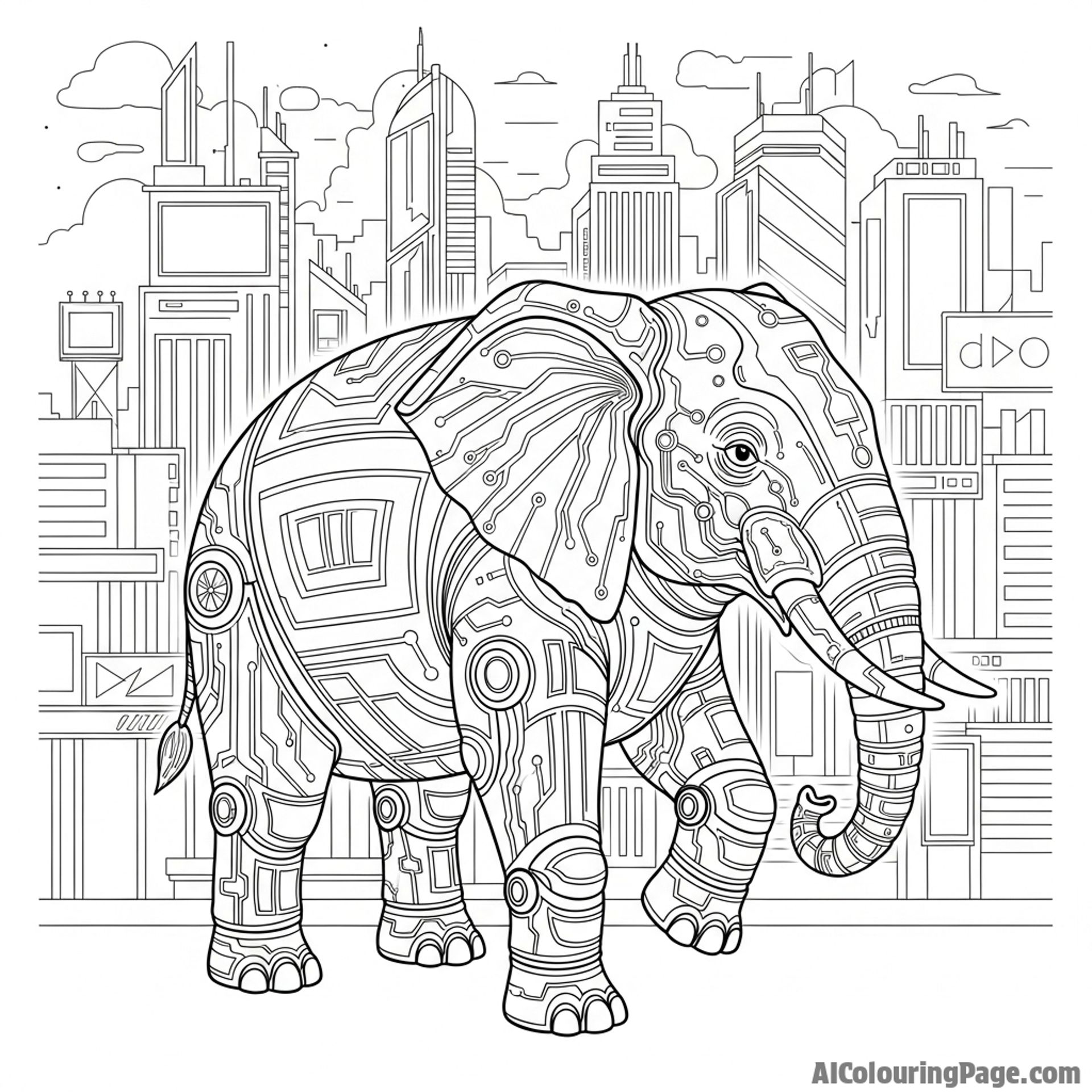 A futuristic, cybernetic elephant with glowing circuits in a neon-lit cityscape.