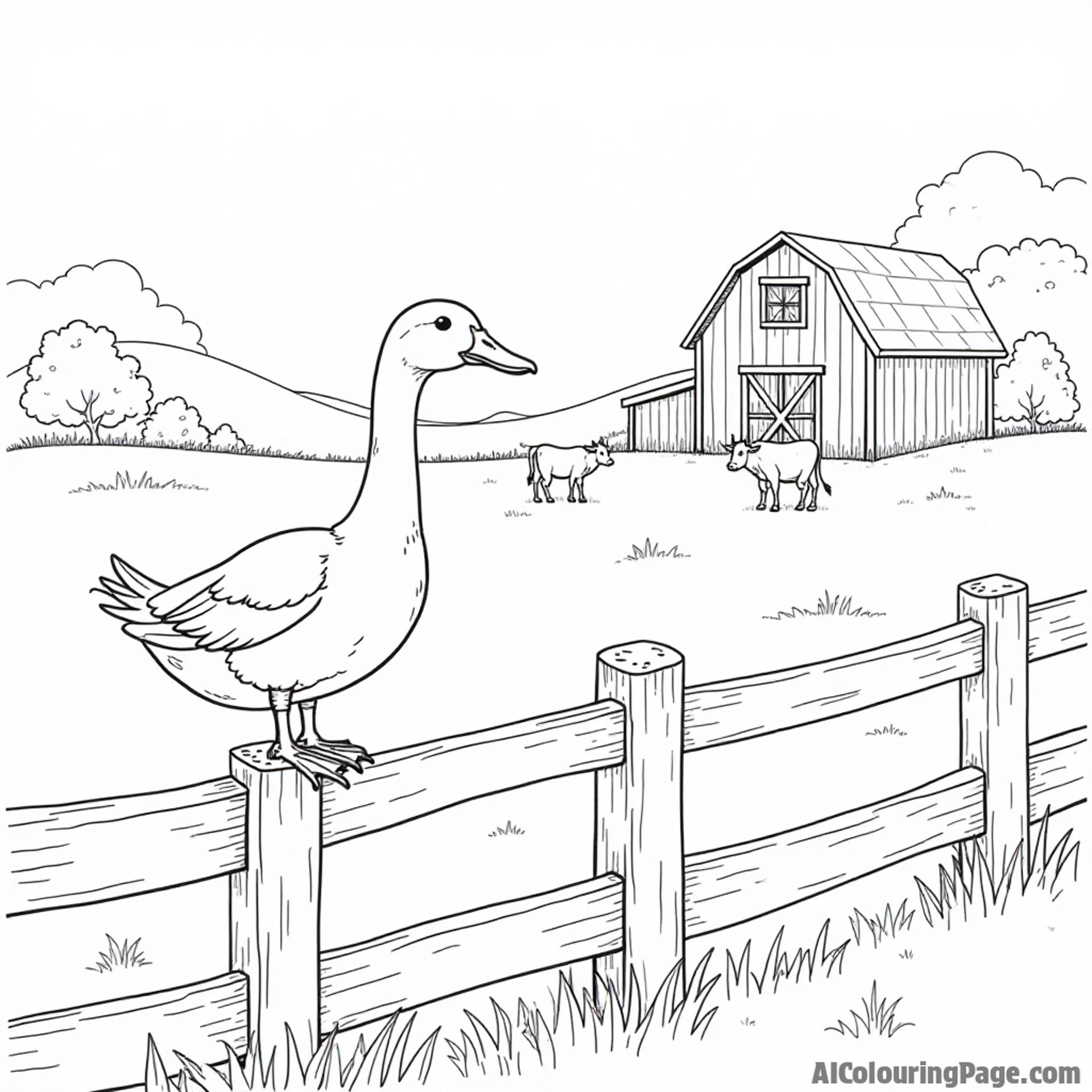 A duck perched on a fence post overlooking a farm with cows and a barn in the background.