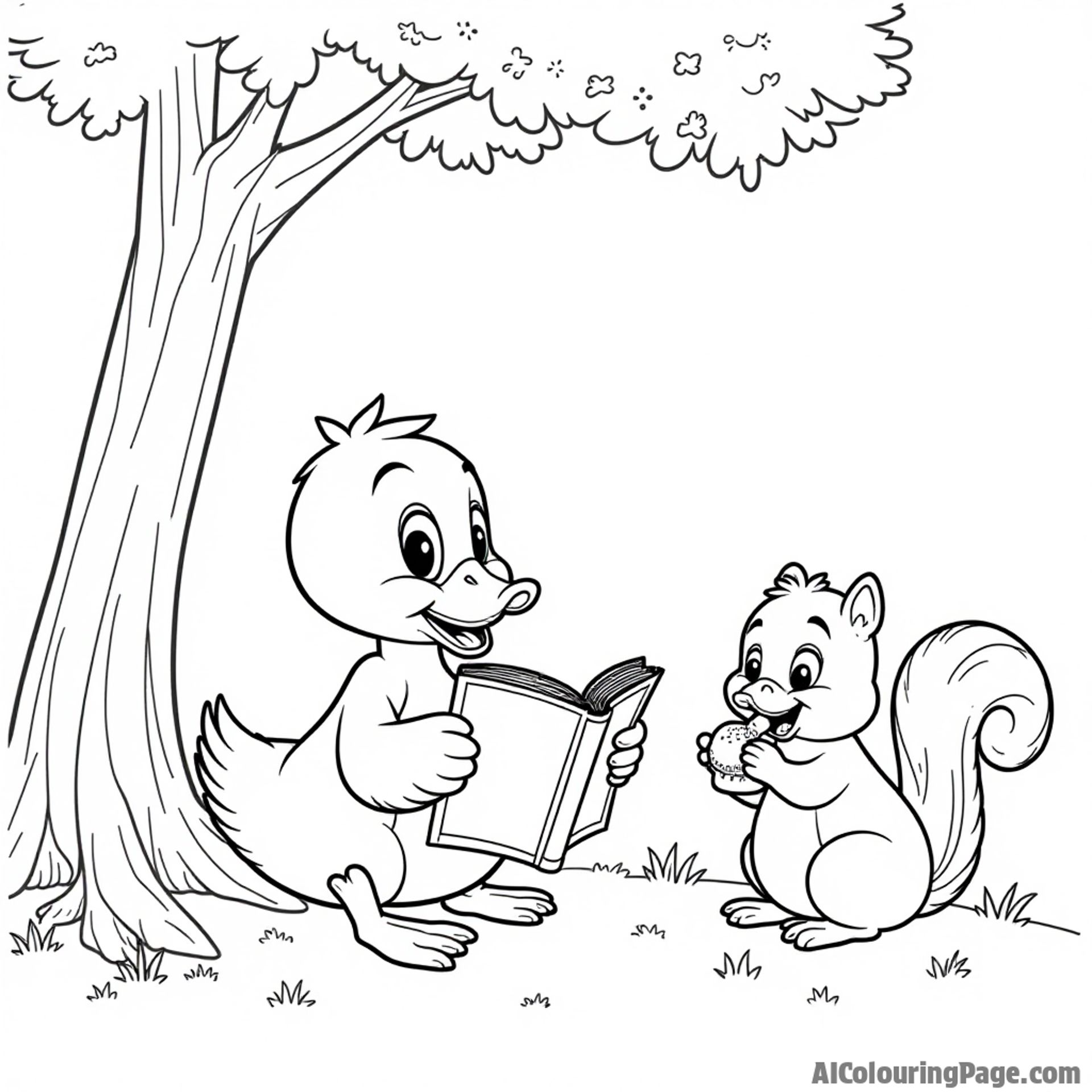 A cartoon duck reading a book under a tree with a friendly squirrel sharing a snack beside it.