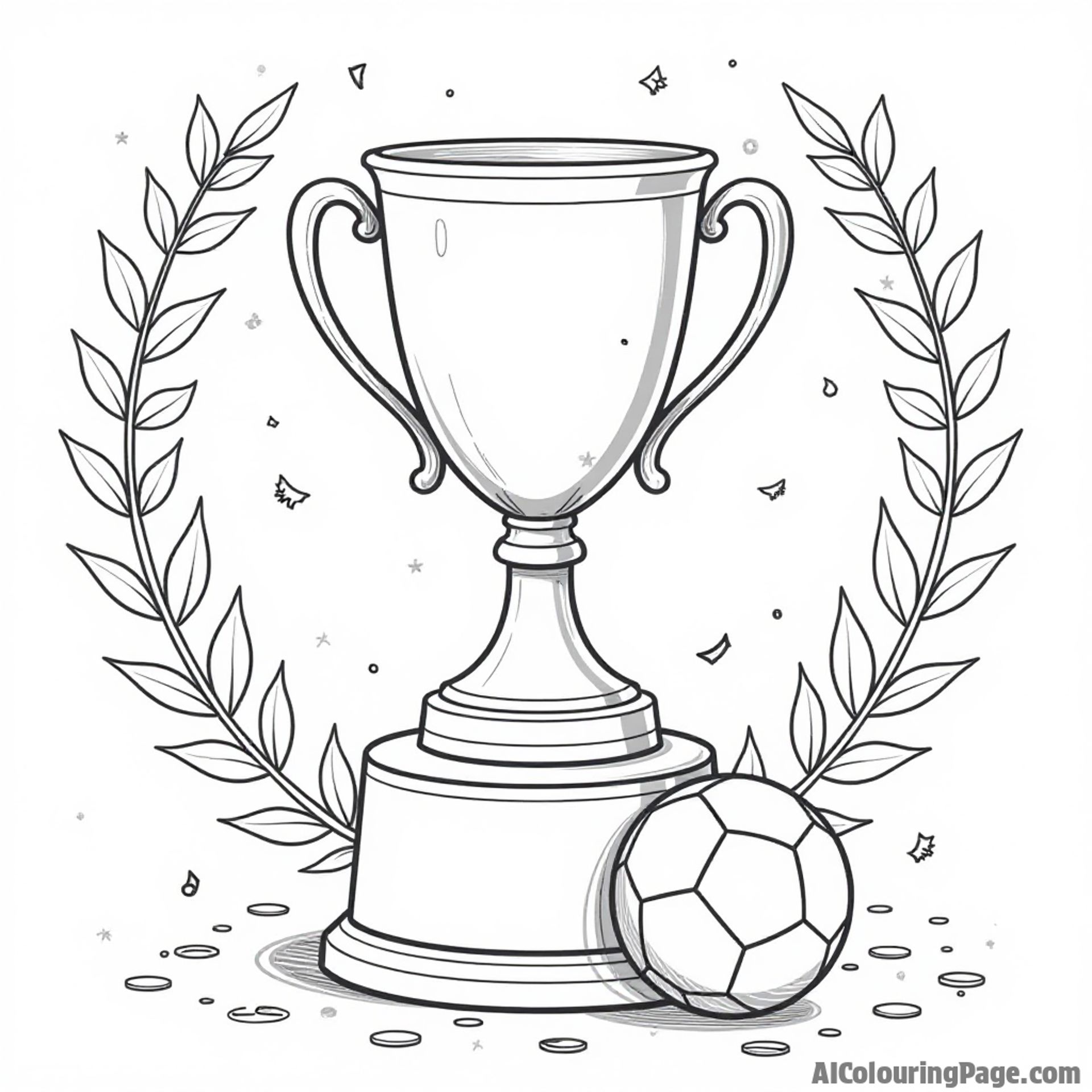 A soccer trophy on a pedestal, surrounded by laurel leaves and confetti, with a soccer ball at the base, all designed for kids to color in a creative black and white style.