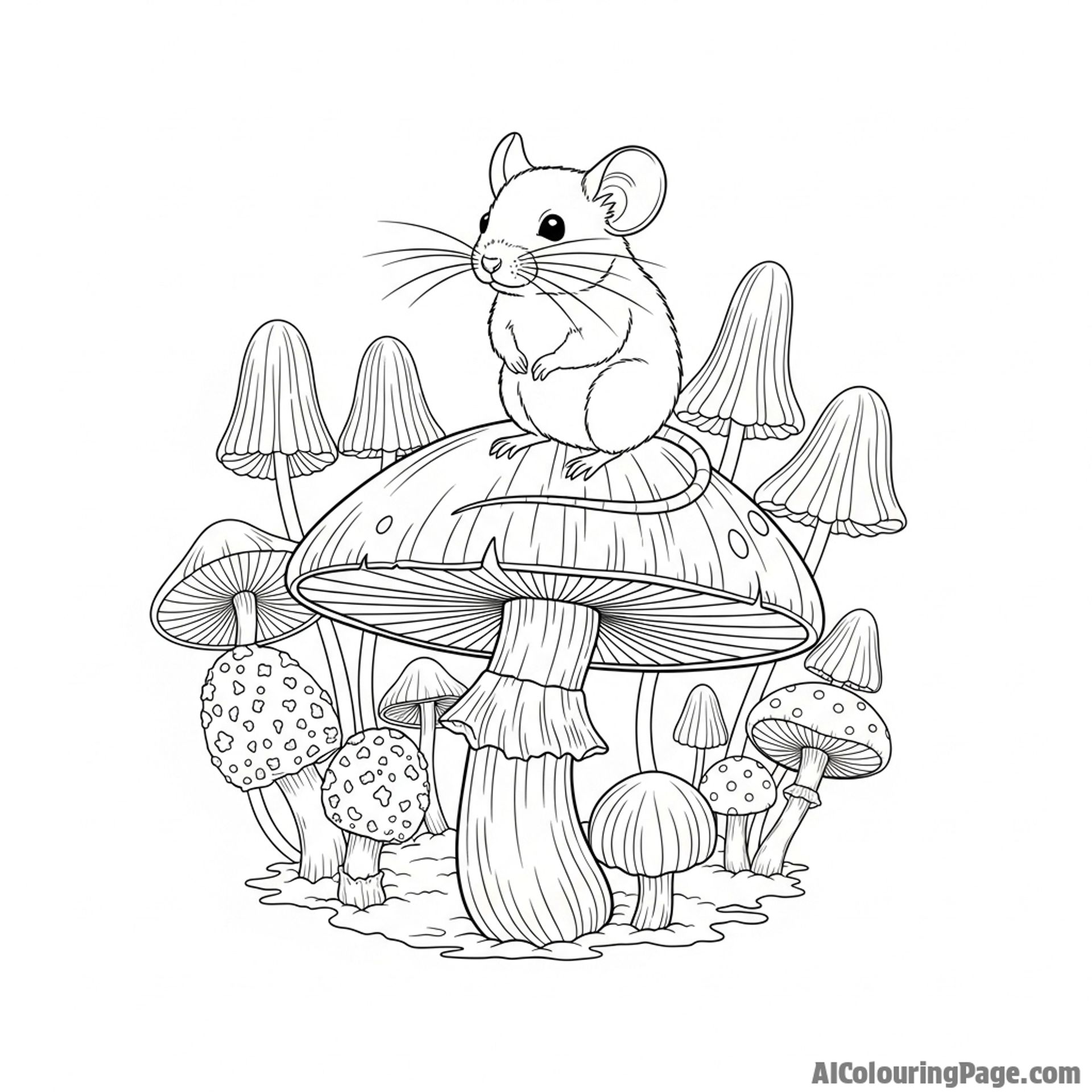 A mouse sitting on a mushroom in an enchanted forest, surrounded by bioluminescent fungi.