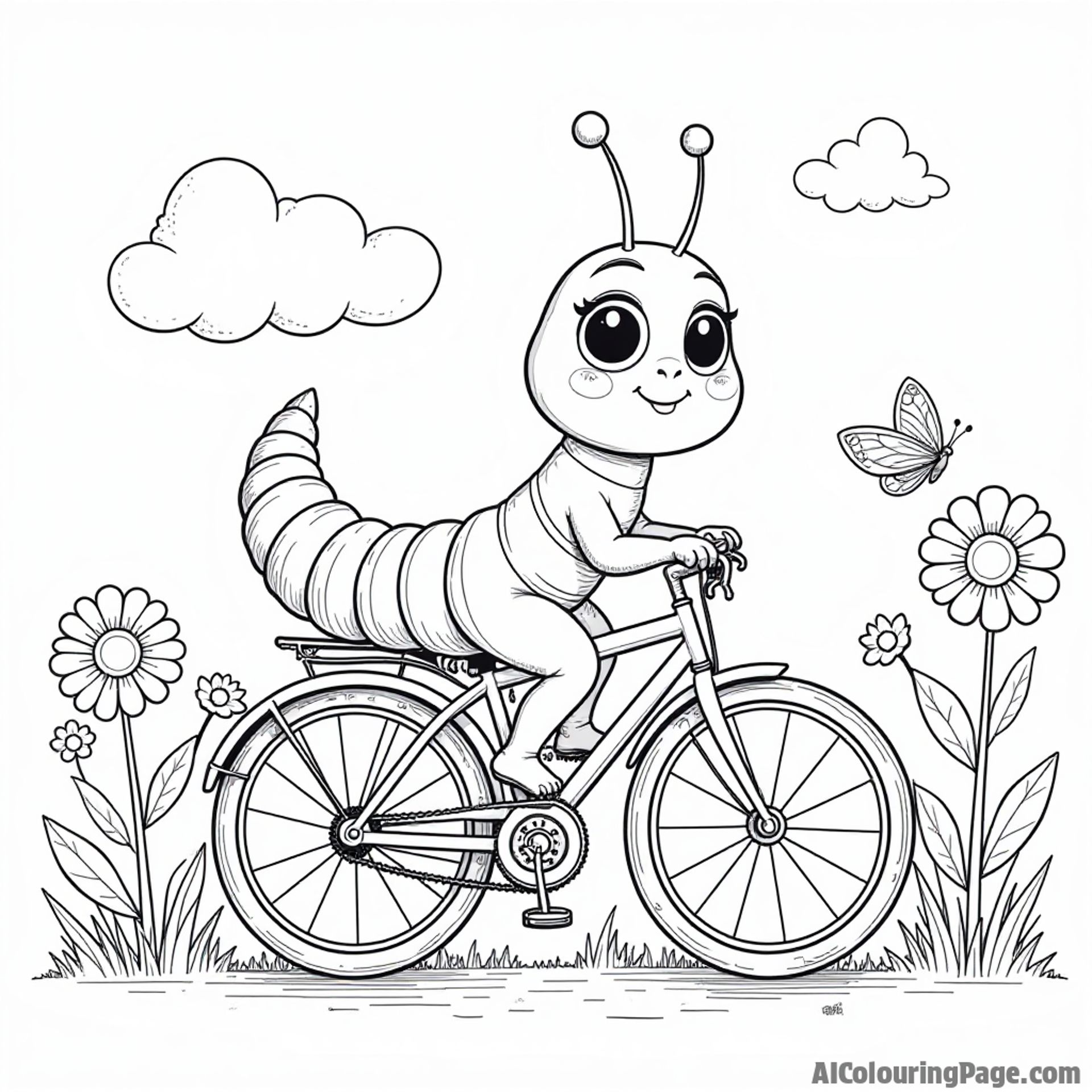 A caterpillar with big eyes riding on a bicycle with flowers and butterflies flying around in a sunny day scene.
