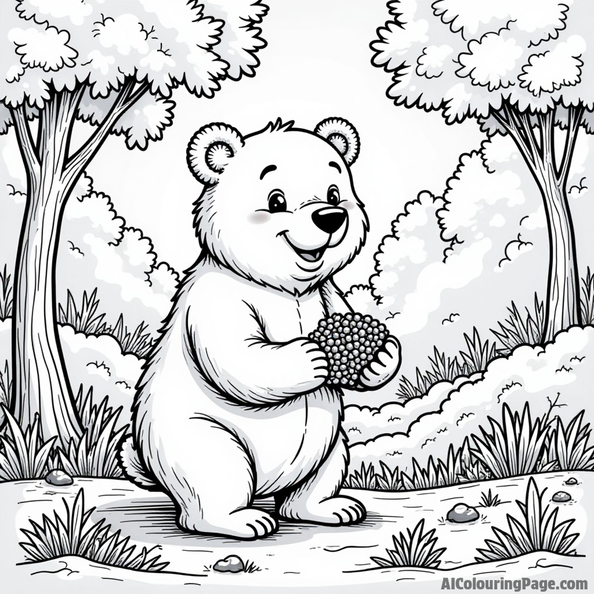 A friendly bear gathering berries in a vibrant forest, with trees changing colors and a clear sky above.