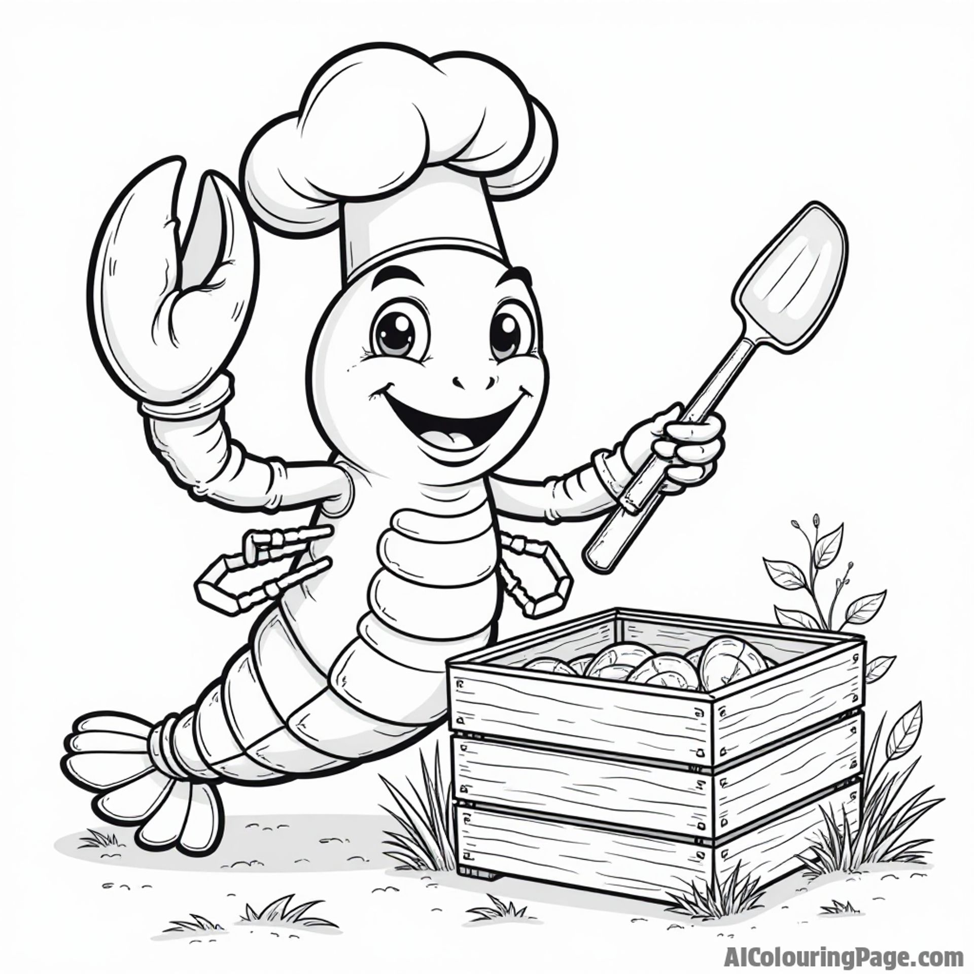 A friendly lobster wearing a chef hat, holding a spatula and smiling next to a wooden lobster trap in Maine.