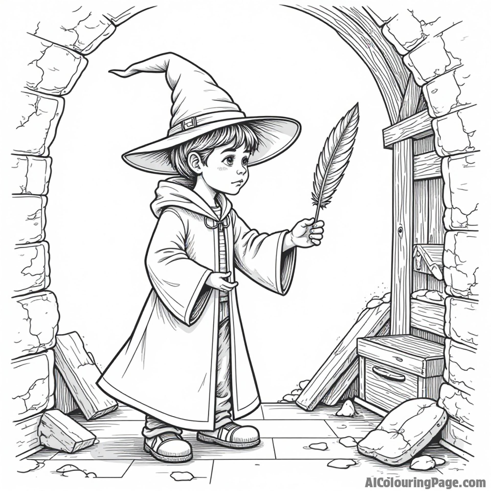 Young apprentice wizard, nervously attempting to levitate a feather in a dusty attic.