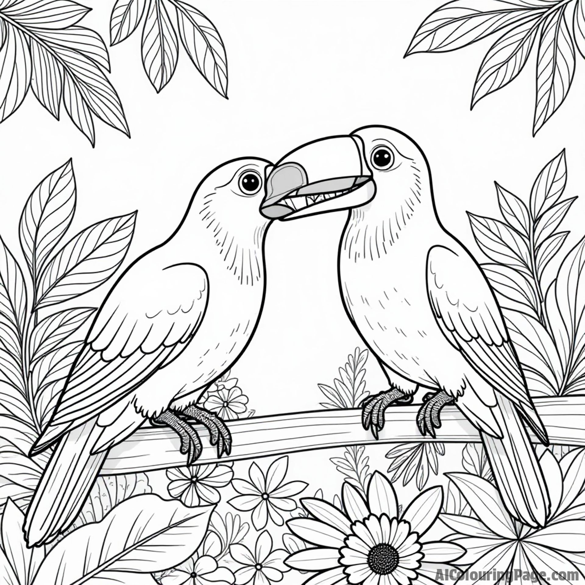 Two toucans sharing a fruit in a vibrant rainforest filled with exotic plants and flowers for children to color.