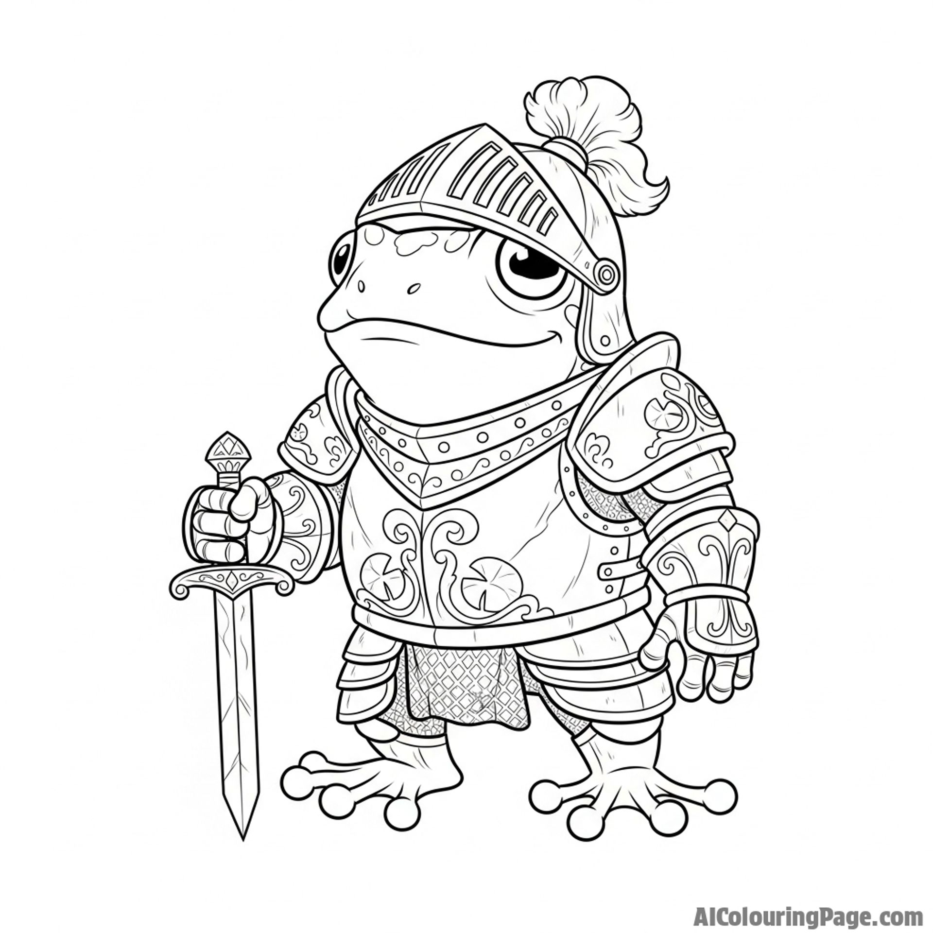 A fantasy scene of a frog knight in ornate armor, wielding a tiny sword.