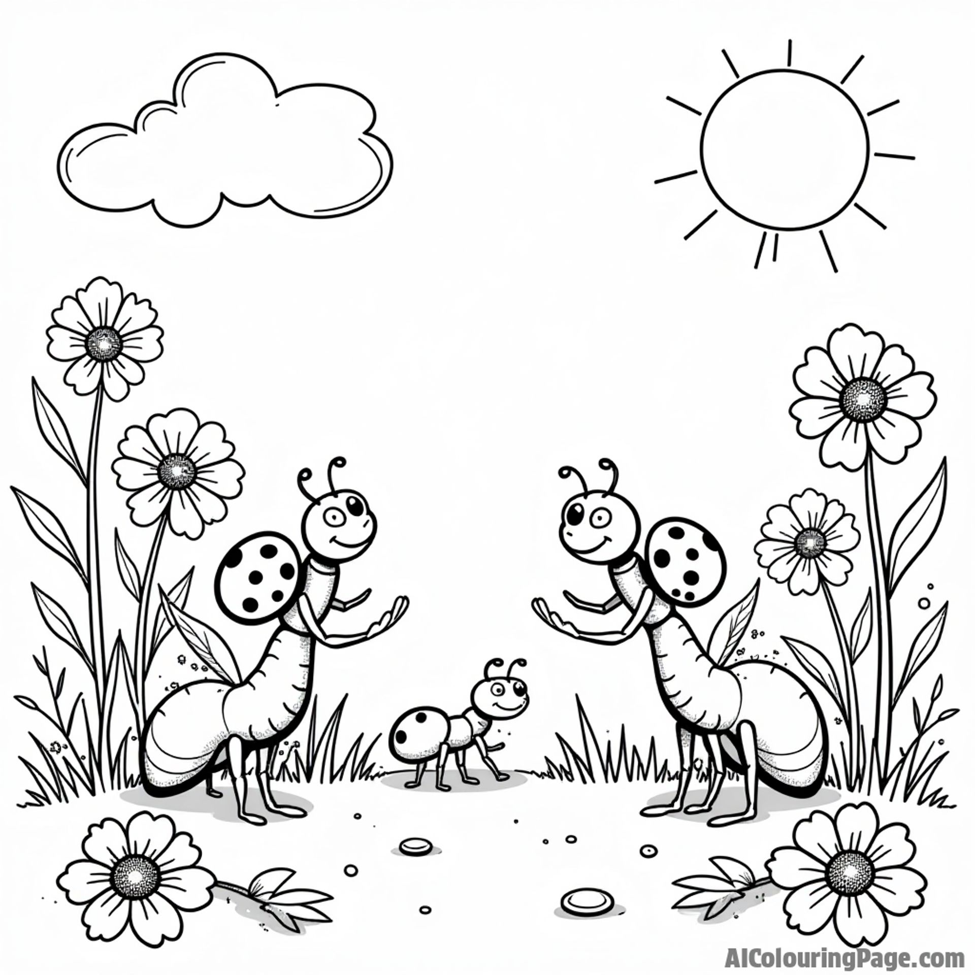 A garden scene with ants and ladybugs having fun, surrounded by flowers and sunshine, ideal for kids’ coloring book.