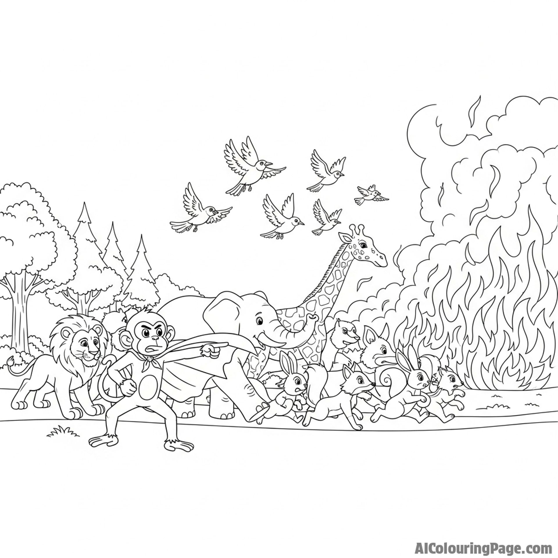 A heroic monkey leading other animals away from a spreading forest fire.
