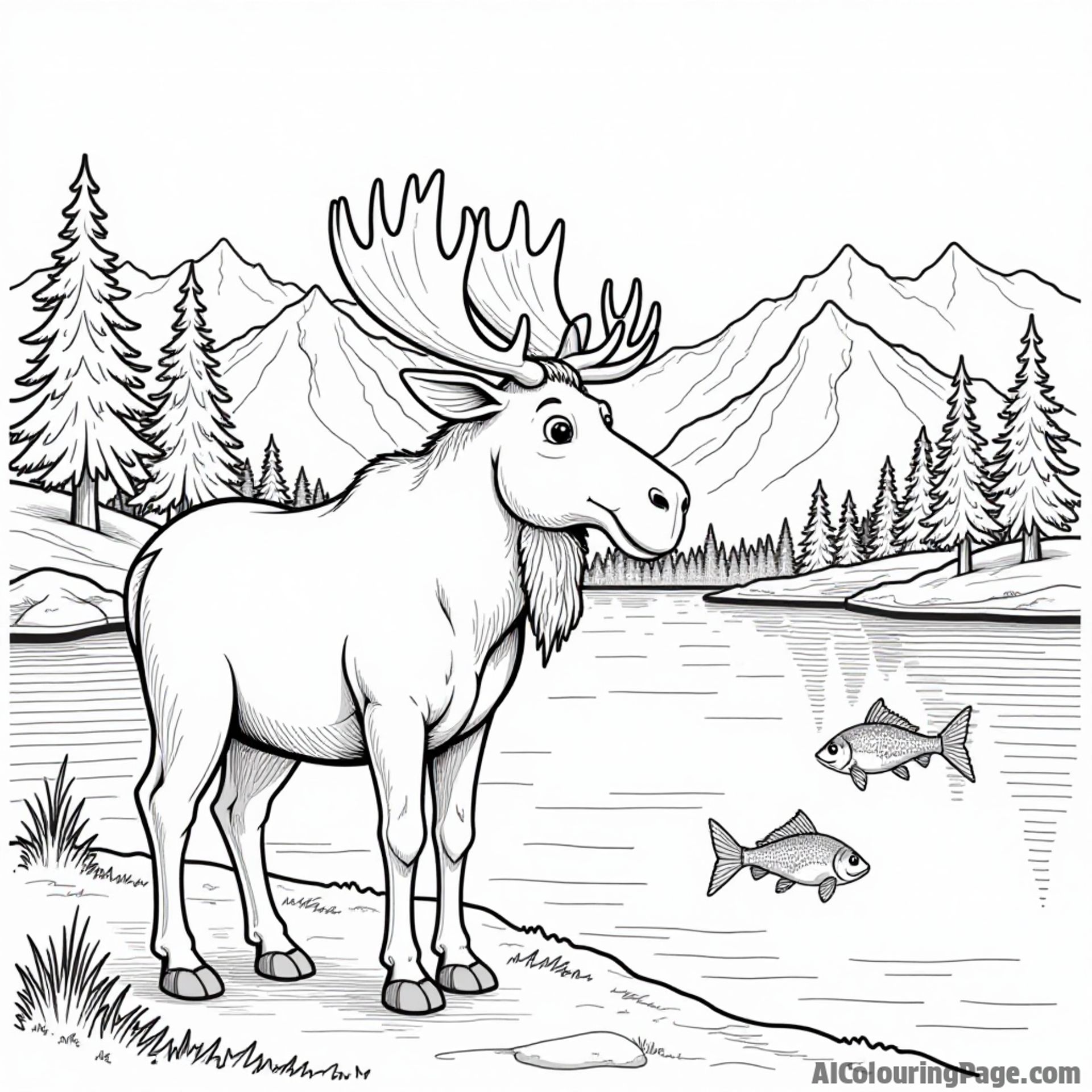 A playful moose standing beside a sparkling lake, with mountains in the background and playful fish jumping for coloring.