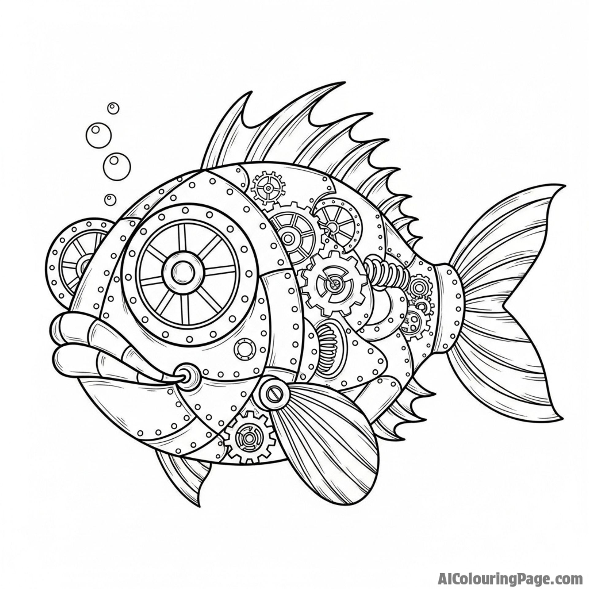 A mechanical, steampunk fish with gears and cogs for scales.