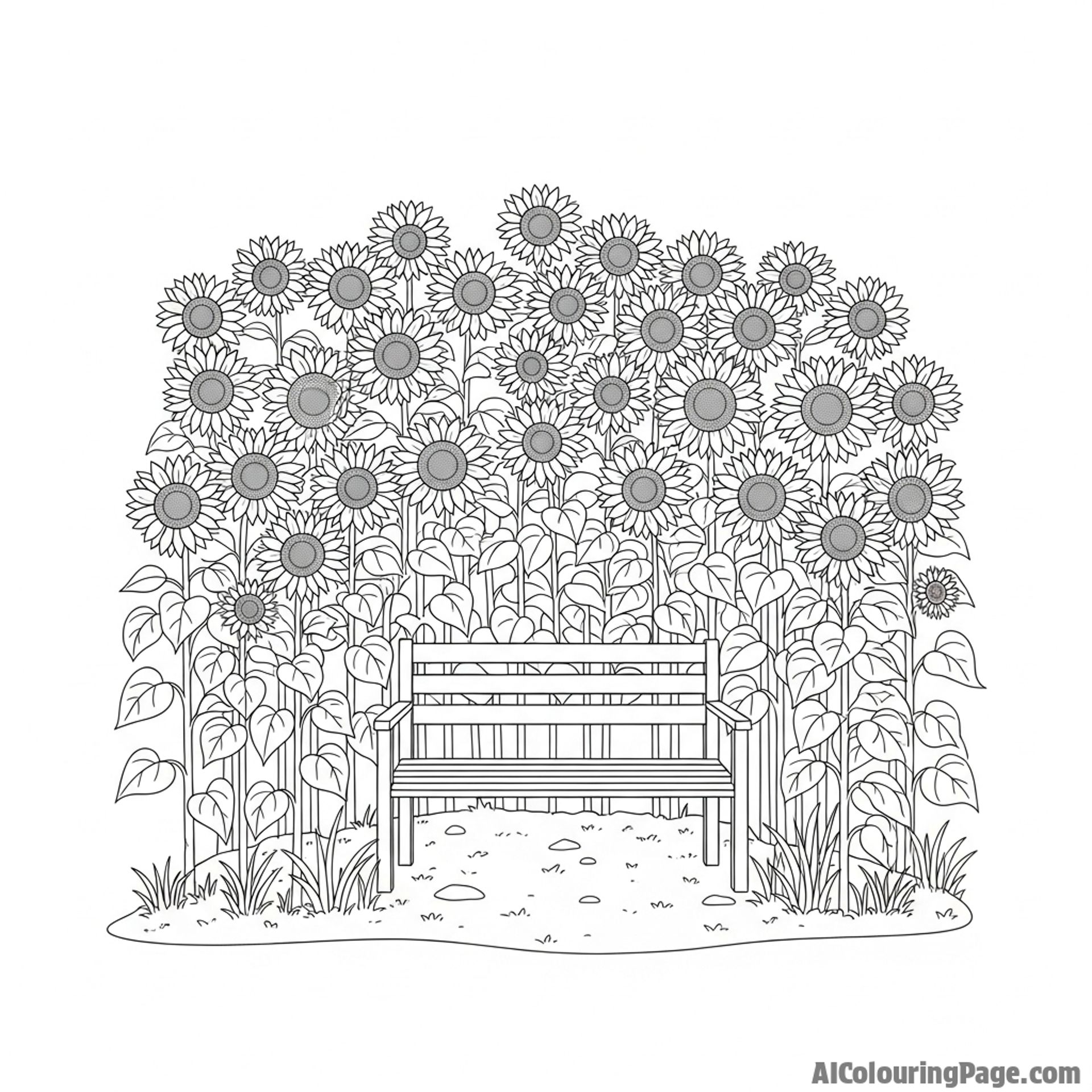 A hidden bench nestled amidst towering sunflowers.