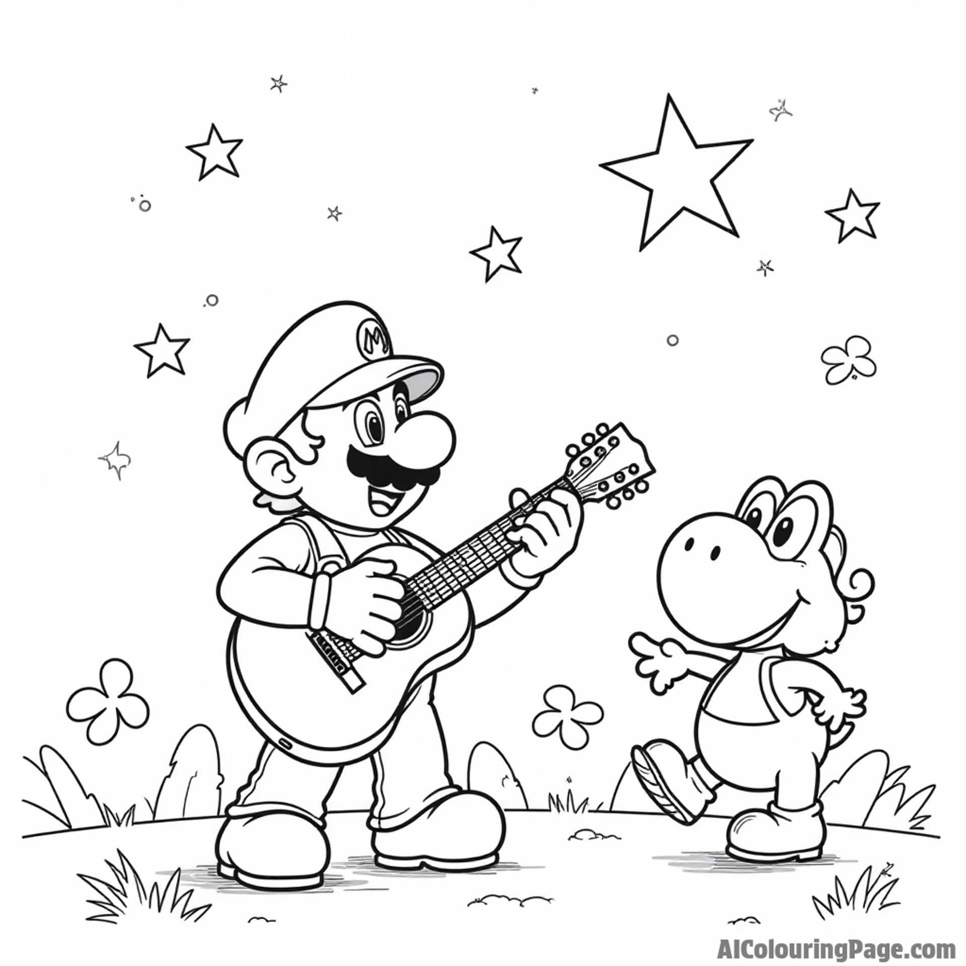 Mario playing the guitar under a starry sky while Yoshi and Toad dance happily around him.