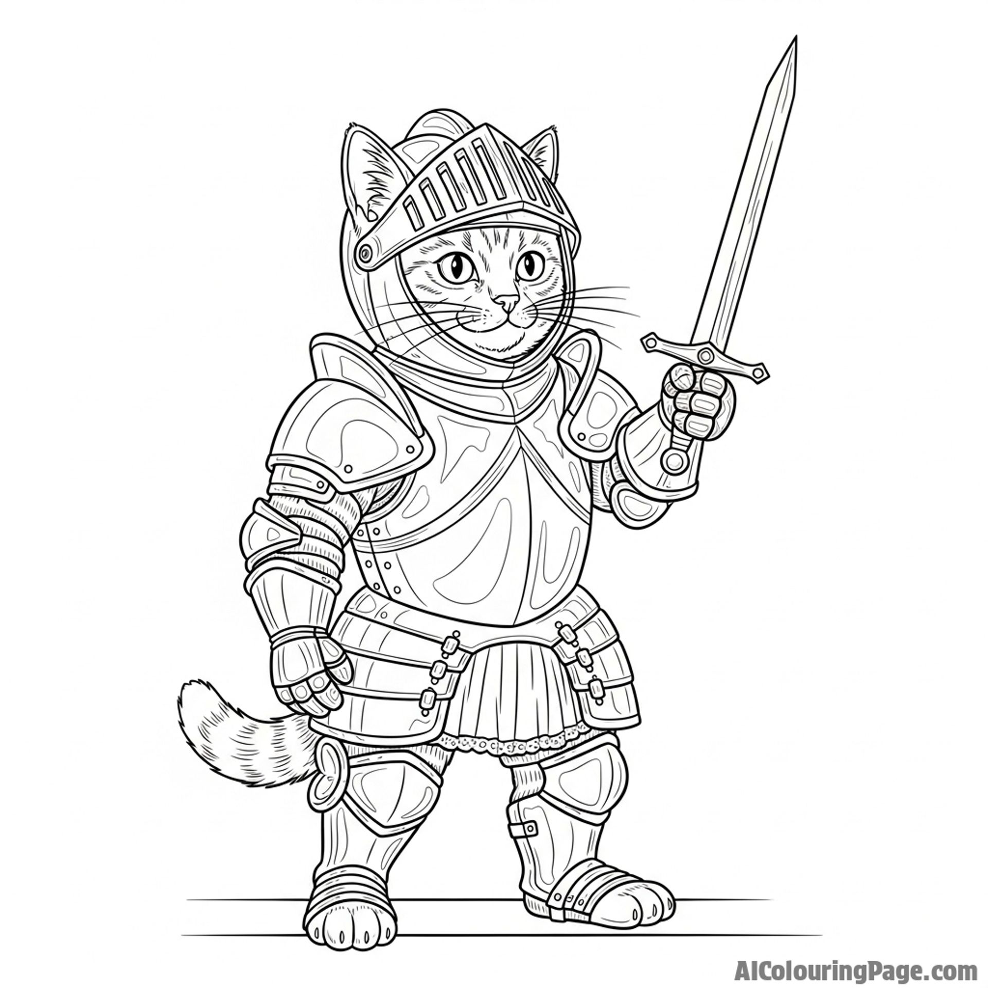 A cat as a knight in shining armor, holding a tiny sword.