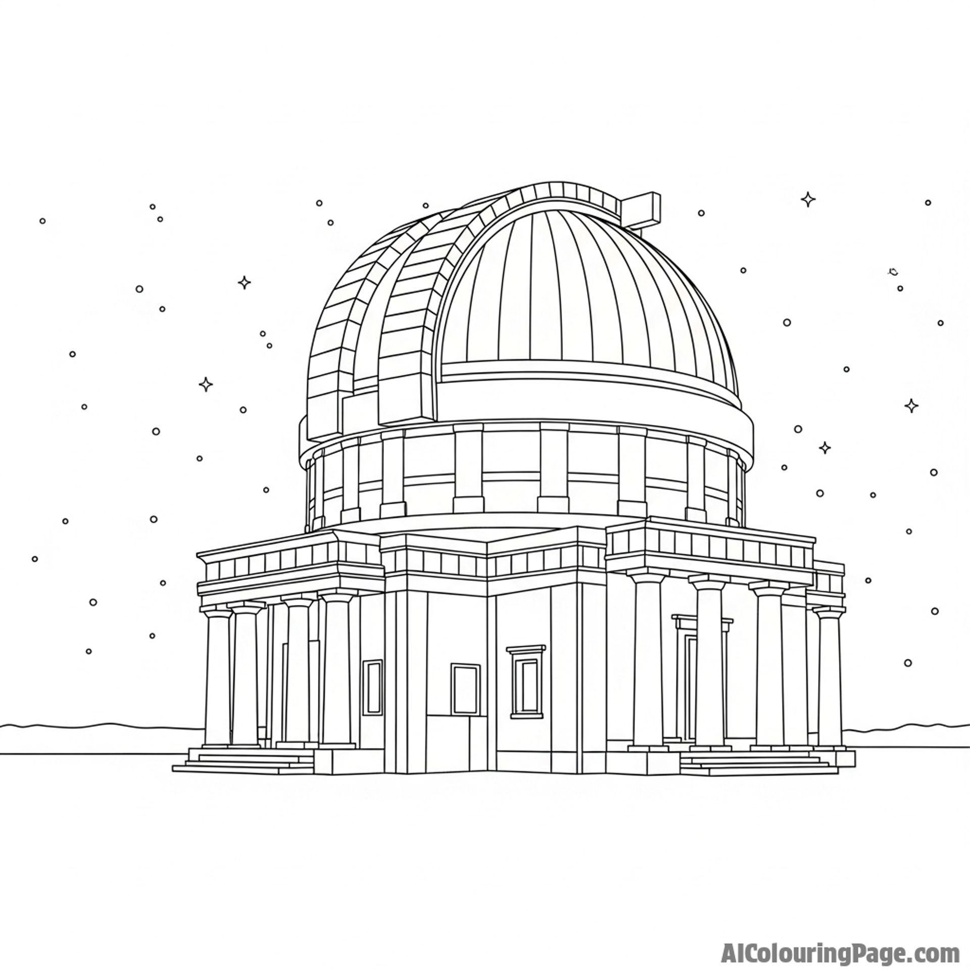 Ancient observatory silhouette against a starry backdrop.