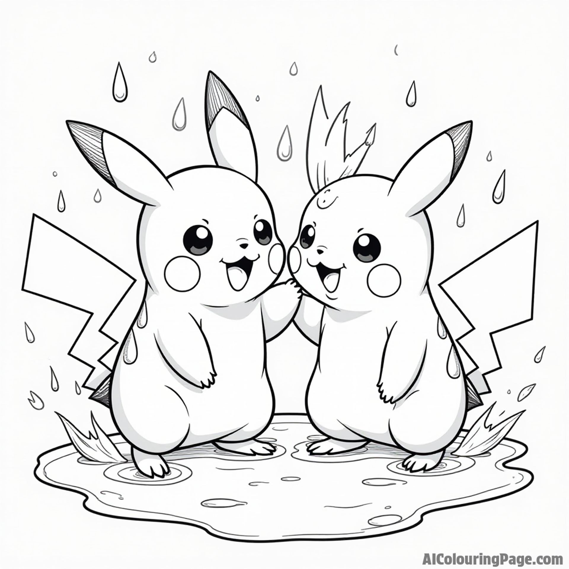 Pikachu and a playful Togepi splashing in a puddle with raindrops falling around them