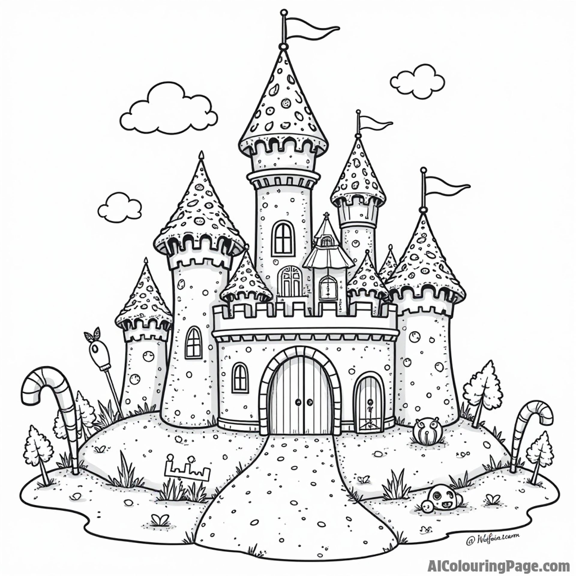 A magical donut castle with candy cane towers and a chocolate moat, inhabited by whimsical characters and creatures.