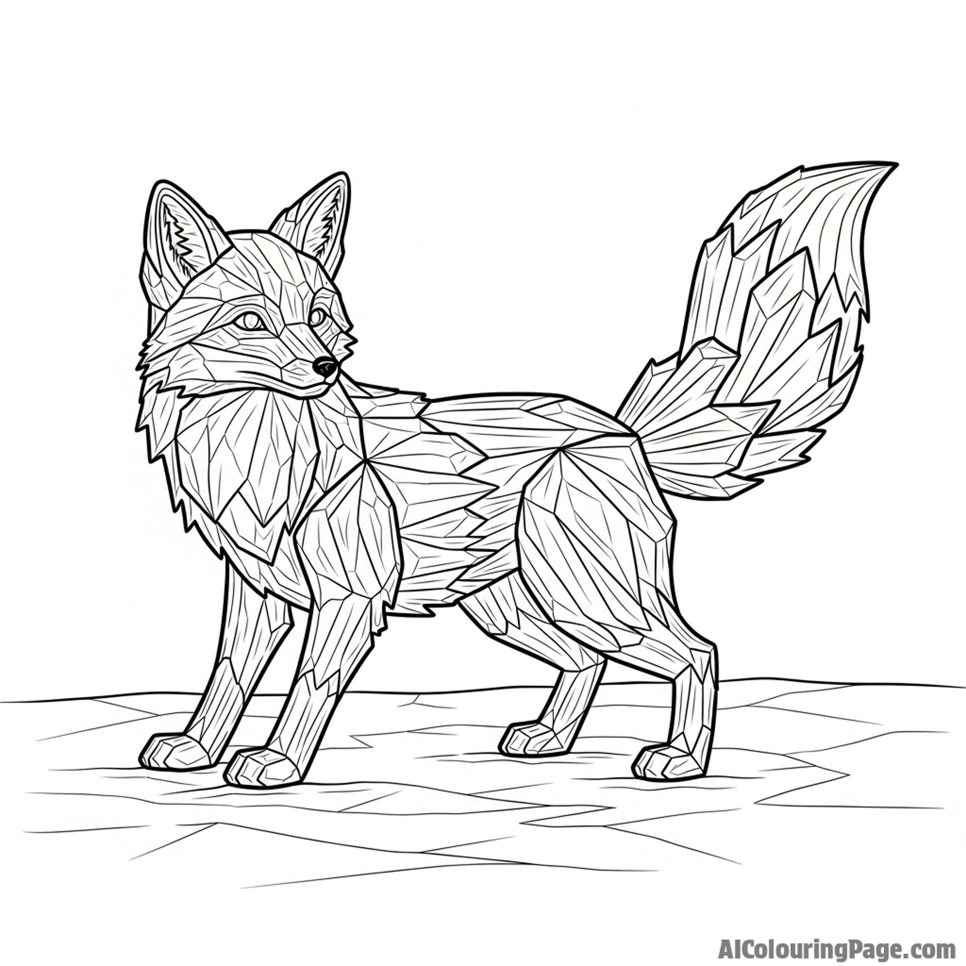 A fox sculpted entirely from shimmering, crystalline ice on a frozen lake.