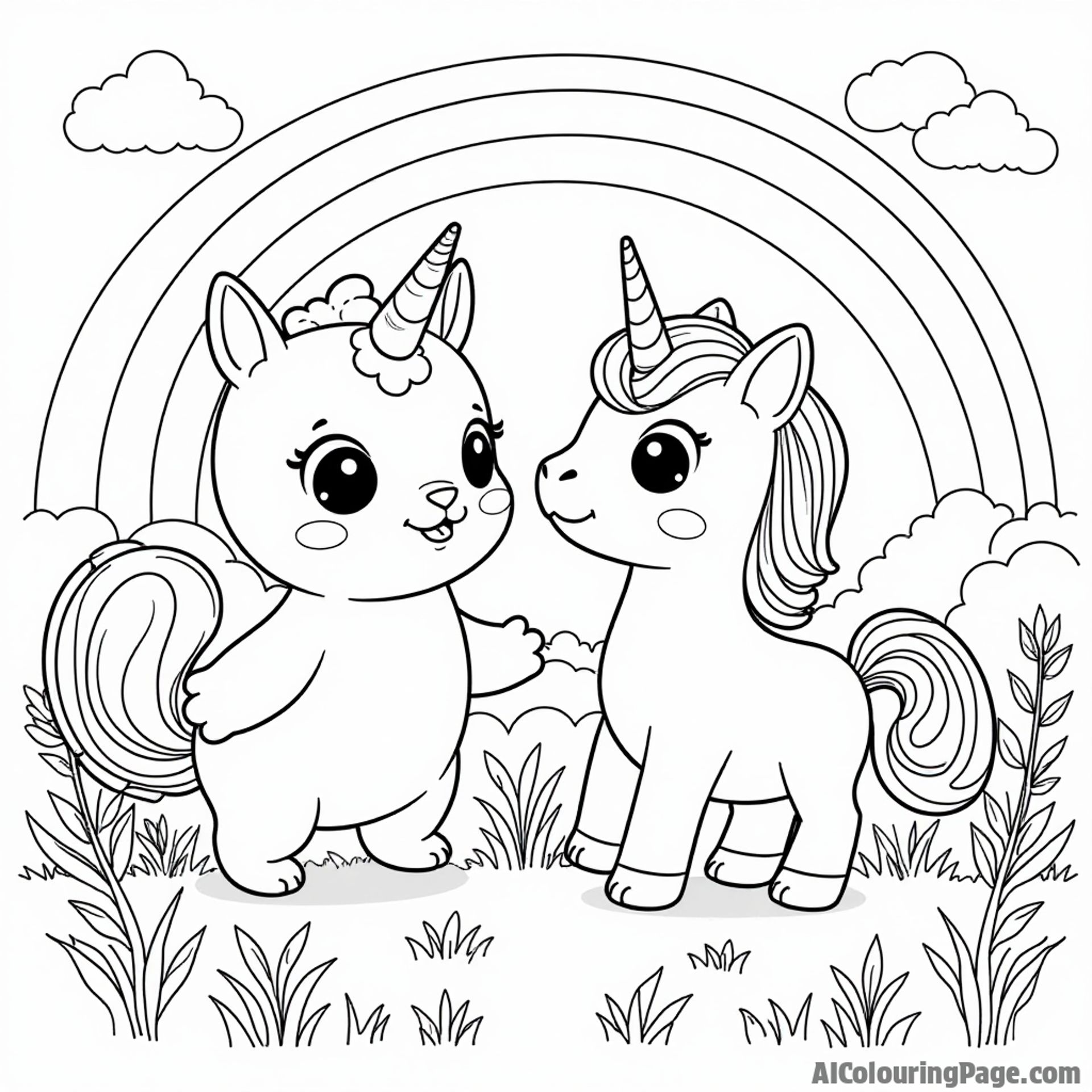 A Hatchimal and a unicorn frolicking in a meadow filled with rainbows and flowers, creating a whimsical scene for kids to color in this Toys and Games Coloring Pages theme.