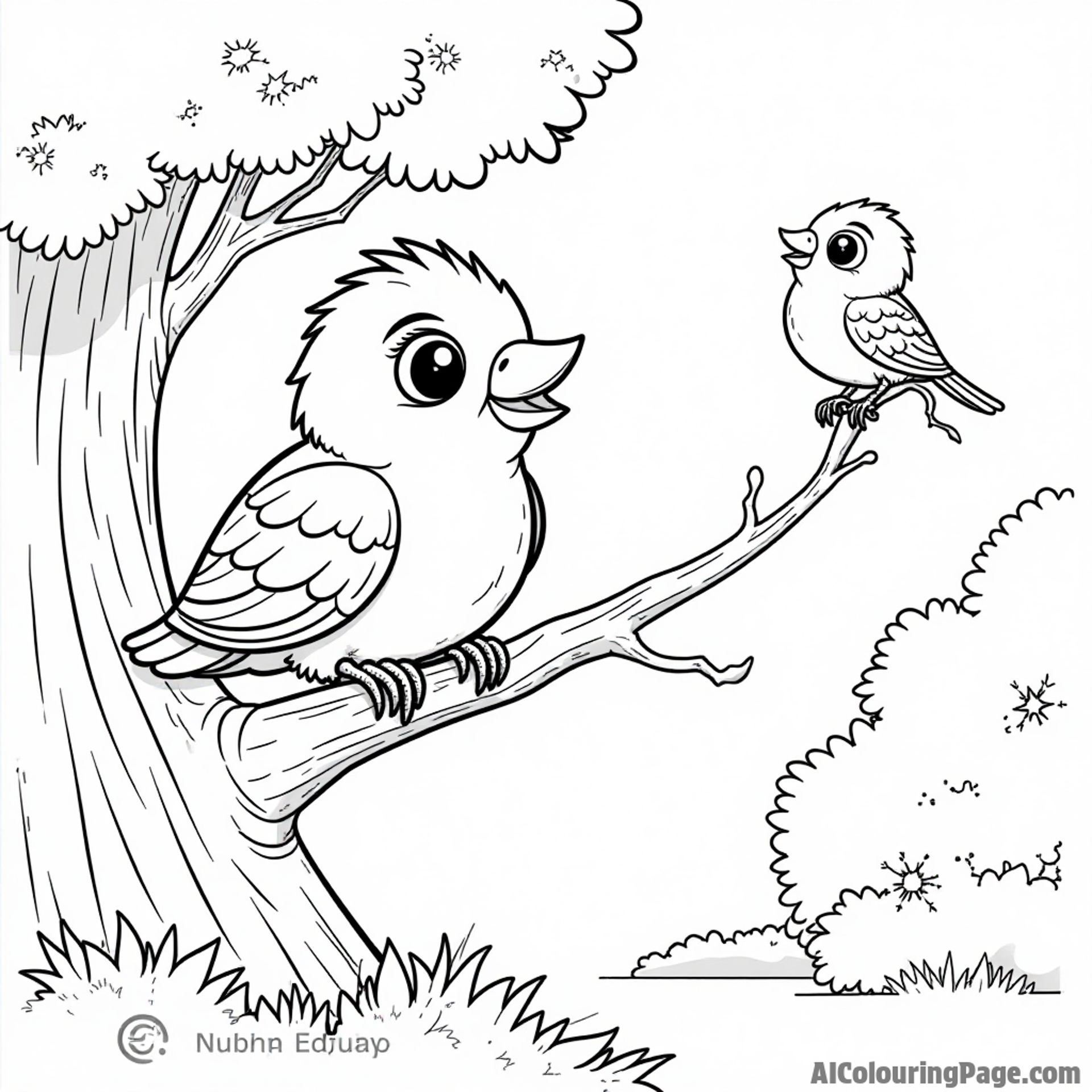 A friendly Caterpie climbing up a tree branch with a happy bird watching from above in a sunny park.