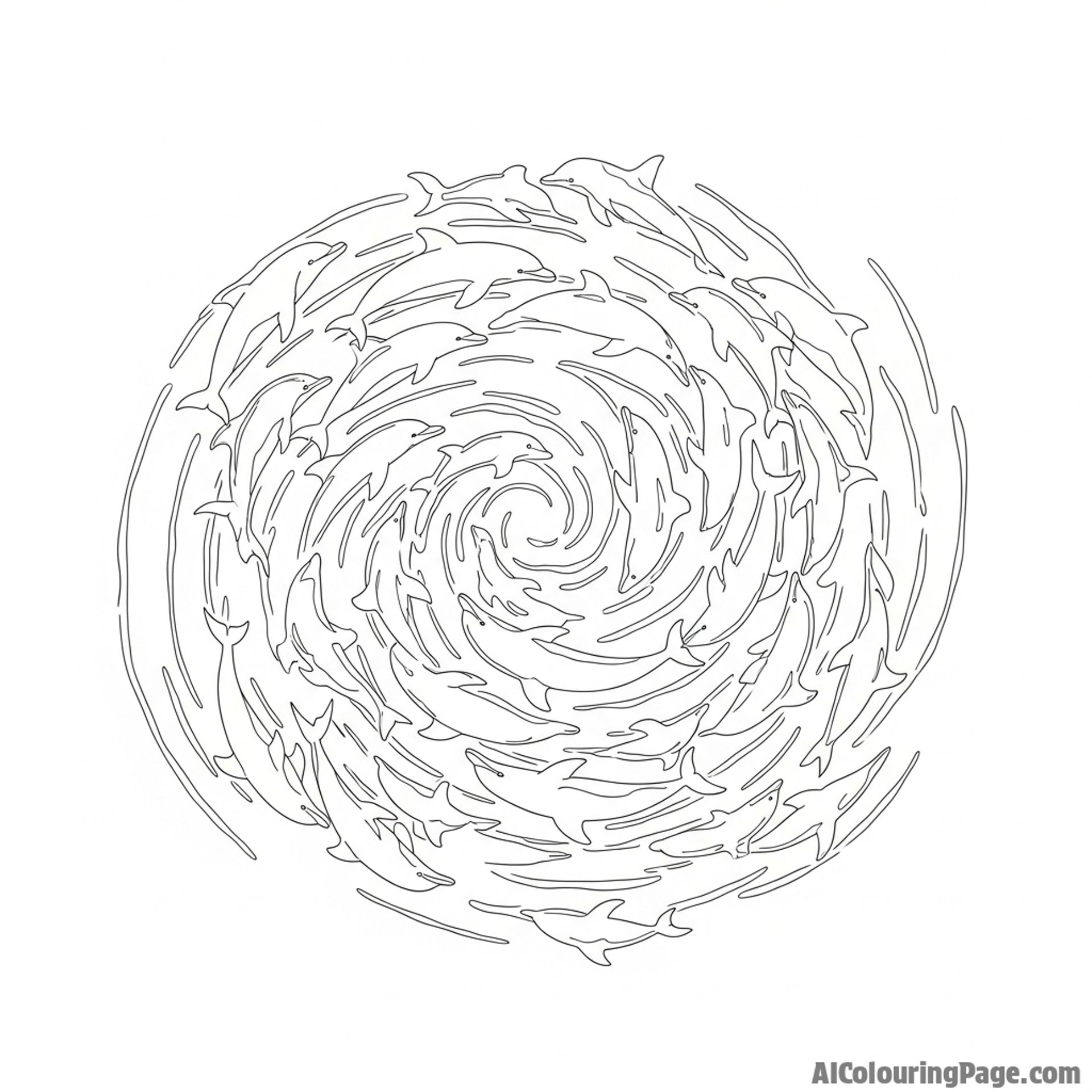A top-down aerial drone view of a dolphin pod creating intricate, swirling patterns in the water.