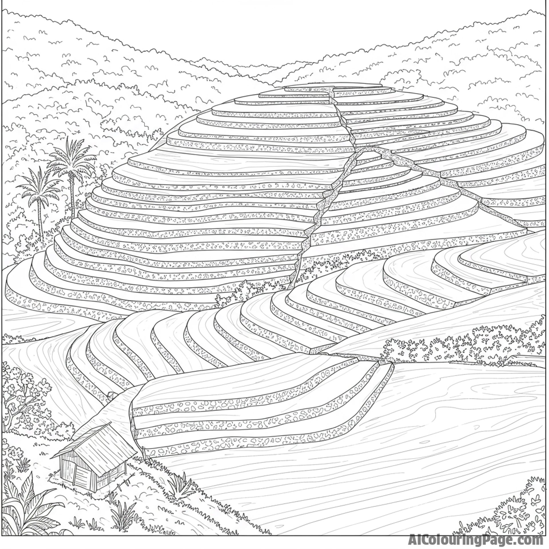 Terraced farming on a hillside, preventing soil erosion.