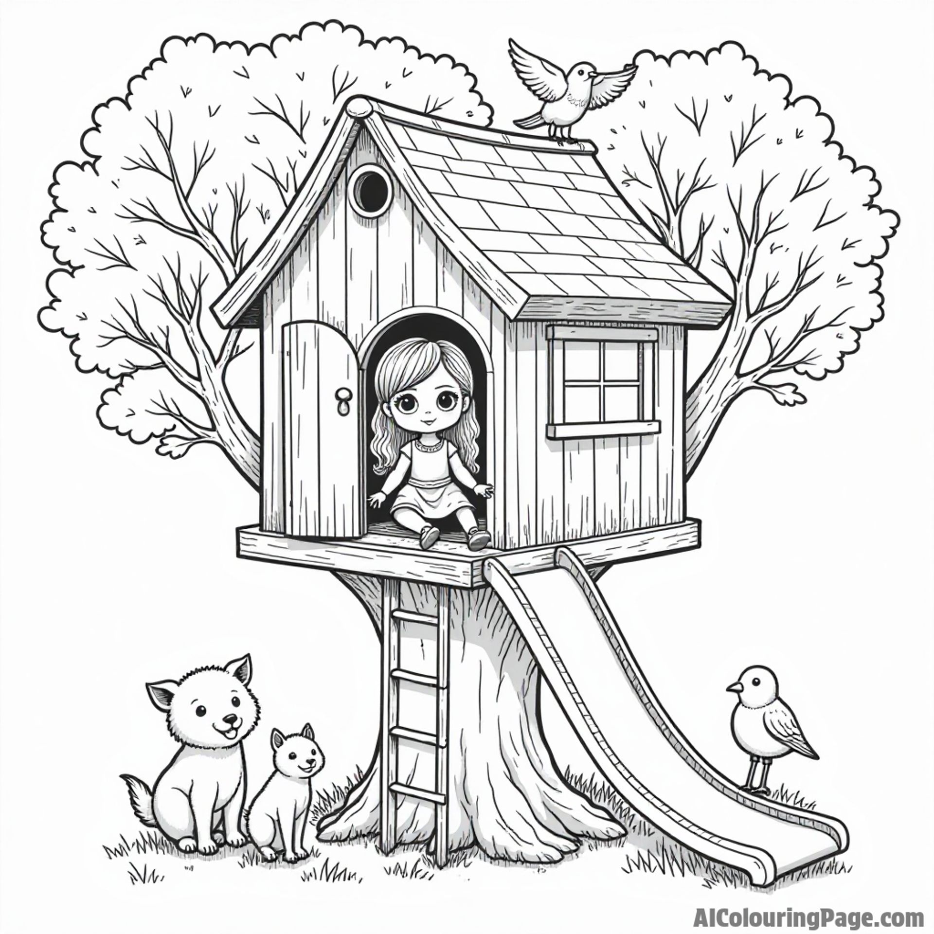 A doll playing in a treehouse, with a slide and rope ladder, surrounded by birds and forest animals watching her.