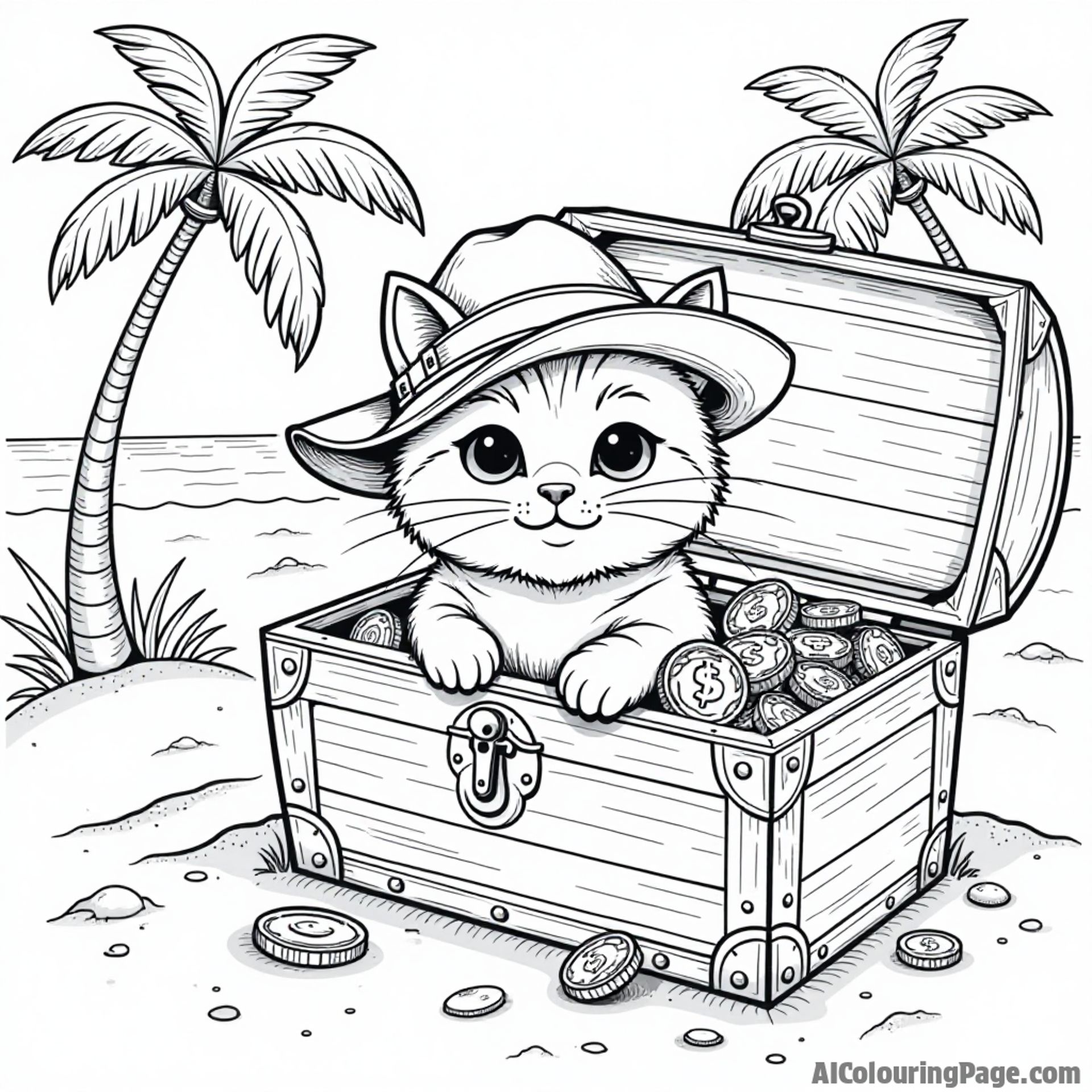 A curious cat wearing an explorer hat, peeking into a treasure chest filled with gold coins and jewels, surrounded by palm trees and sandy shores for an imaginative coloring page.