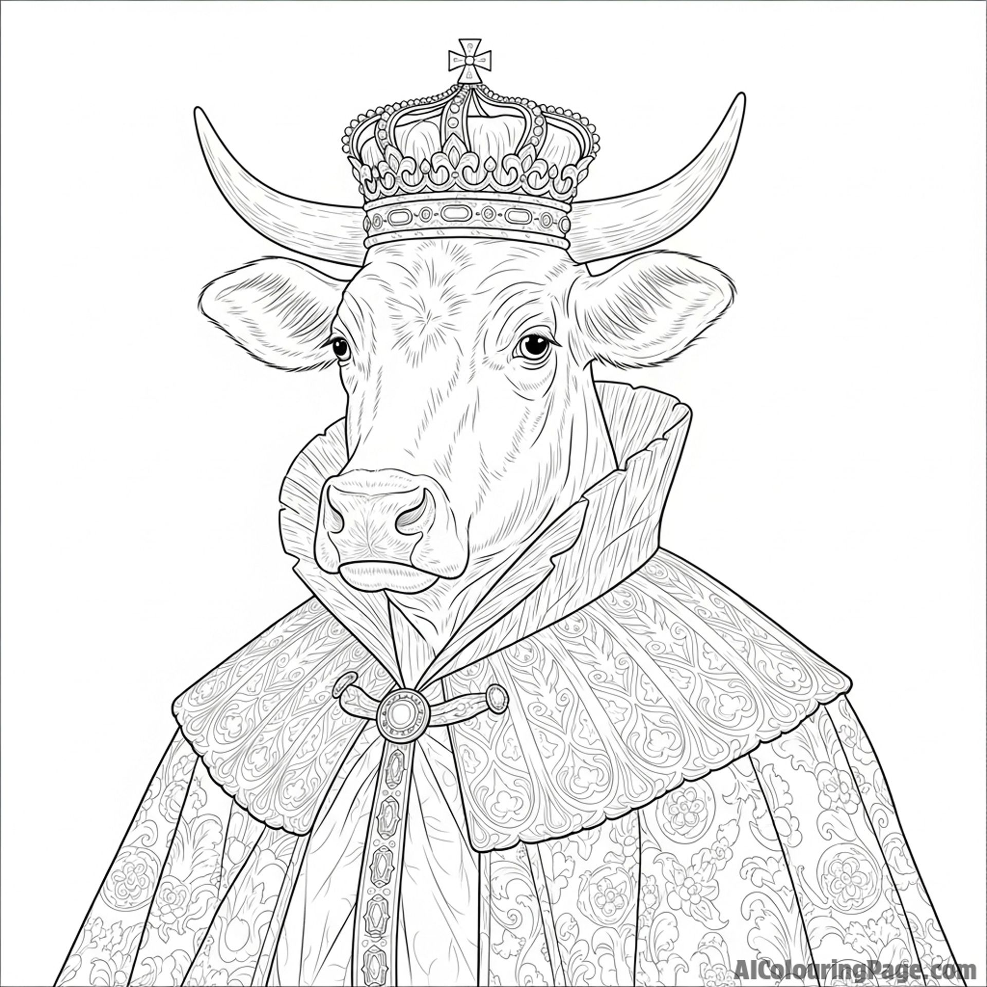 An oil painting of a majestic, regal cow in the style of the old masters.