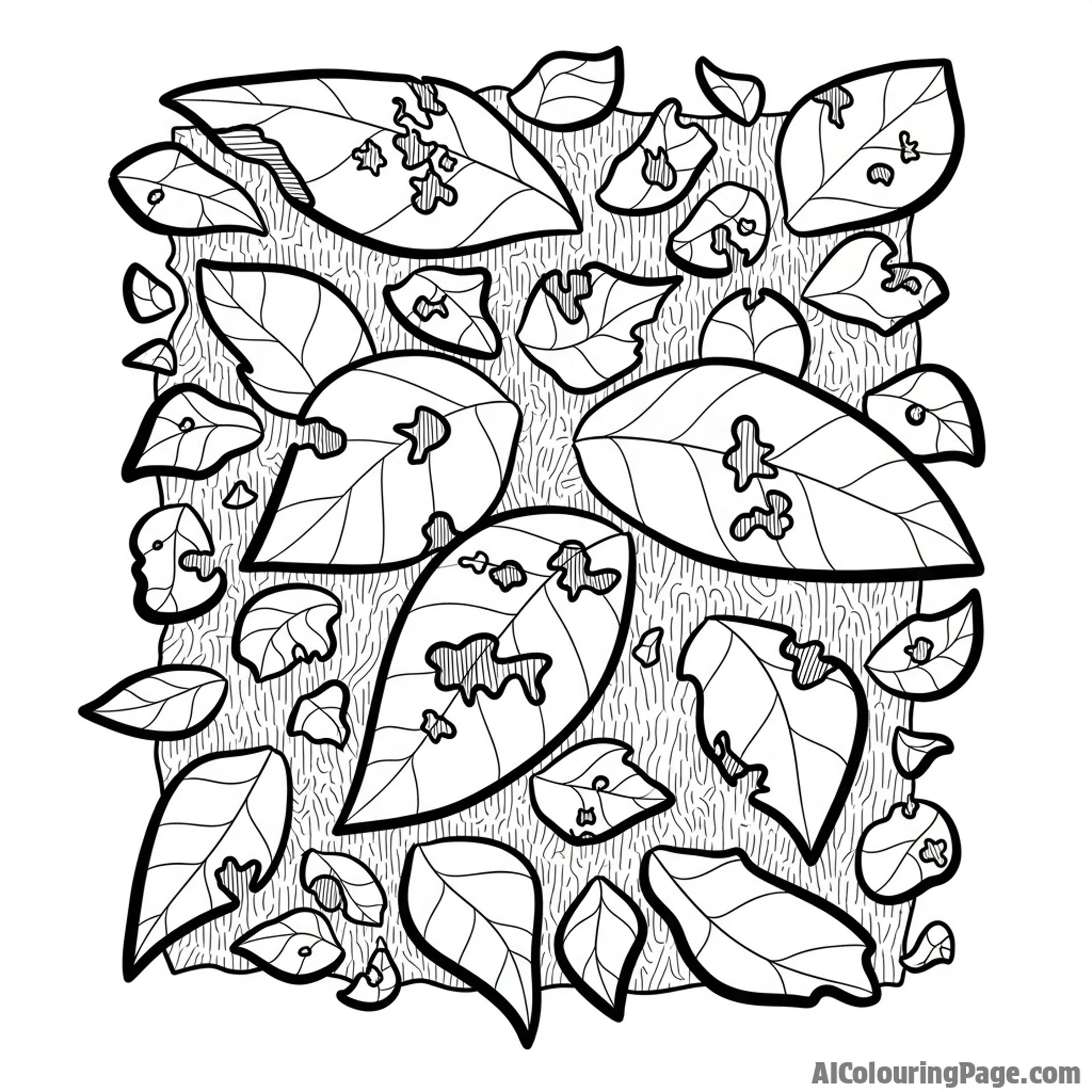 Abstract composition of fragmented leaf shapes against a textured background.