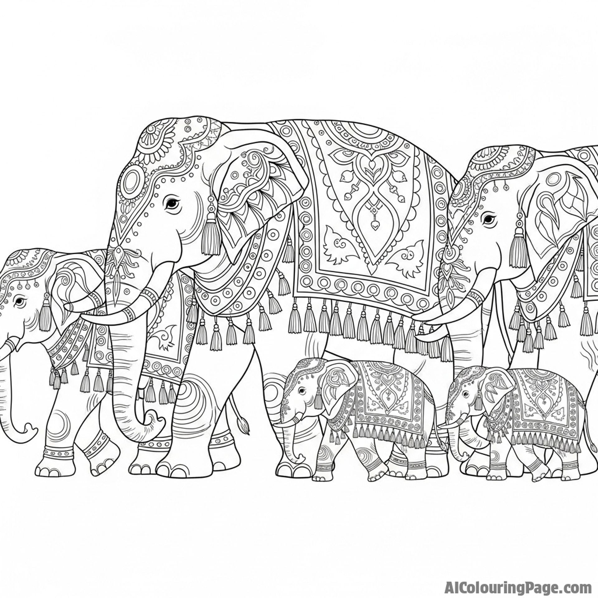 A procession of elephants decorated with intricate, ceremonial patterns for a festival.