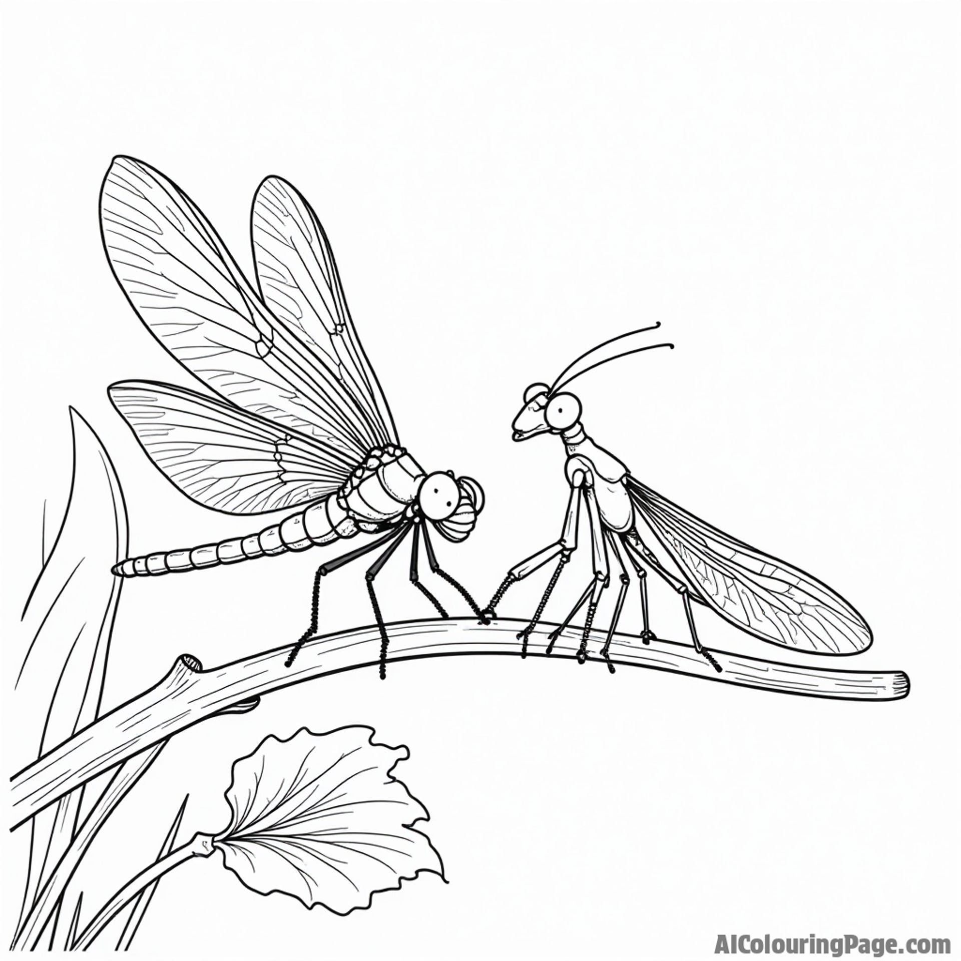A dragonfly and a praying mantis sitting on a branch, enjoying the warm sun and gentle breeze together.