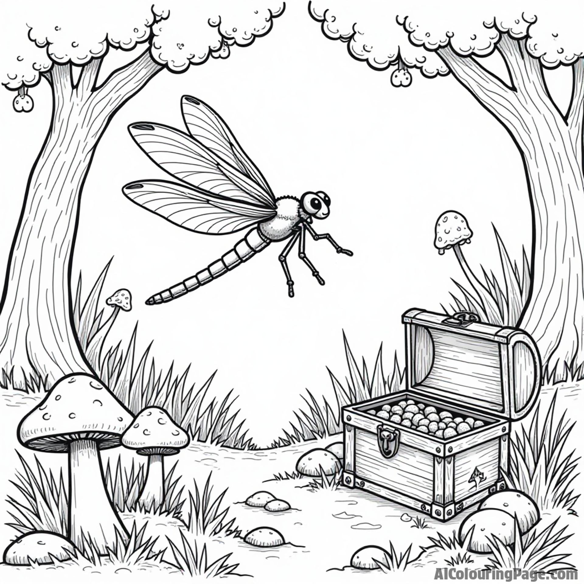 A dragonfly gliding through a magical forest filled with mushrooms and a hidden treasure chest waiting to be discovered.