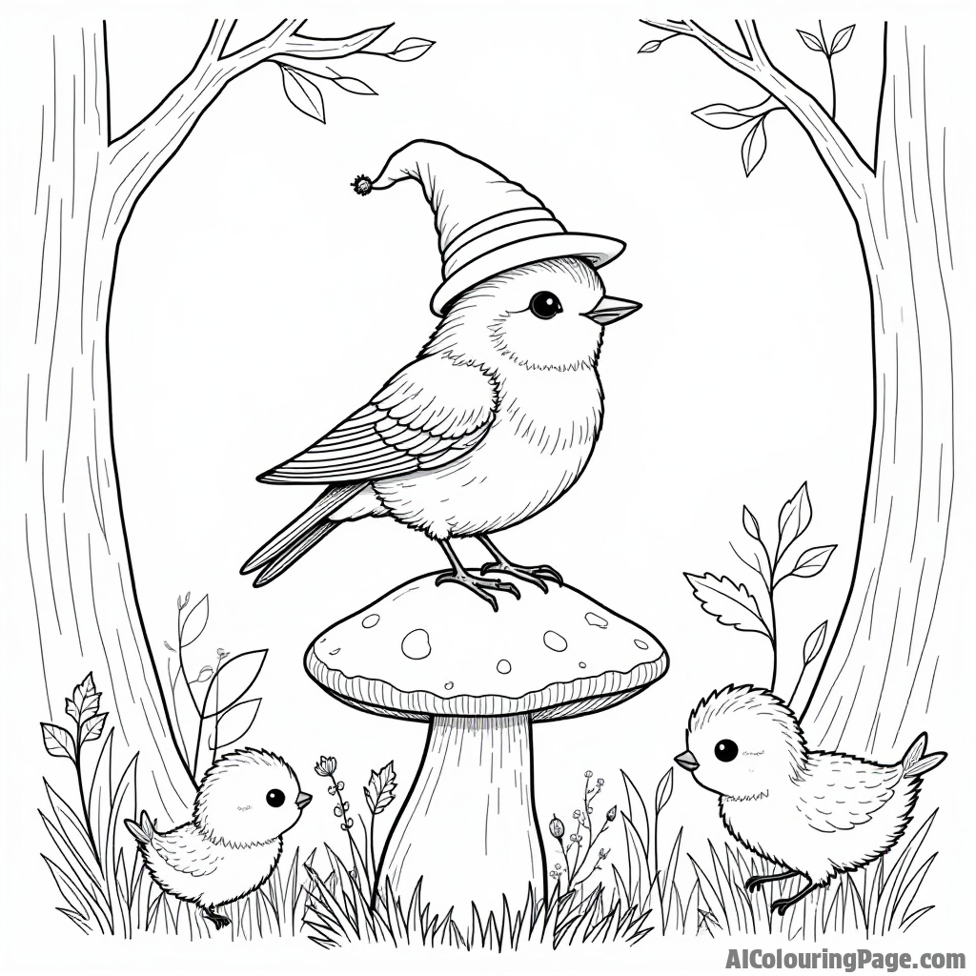 A whimsical robin wearing a tiny hat, perched on a mushroom surrounded by other magical creatures in a fantasy forest.