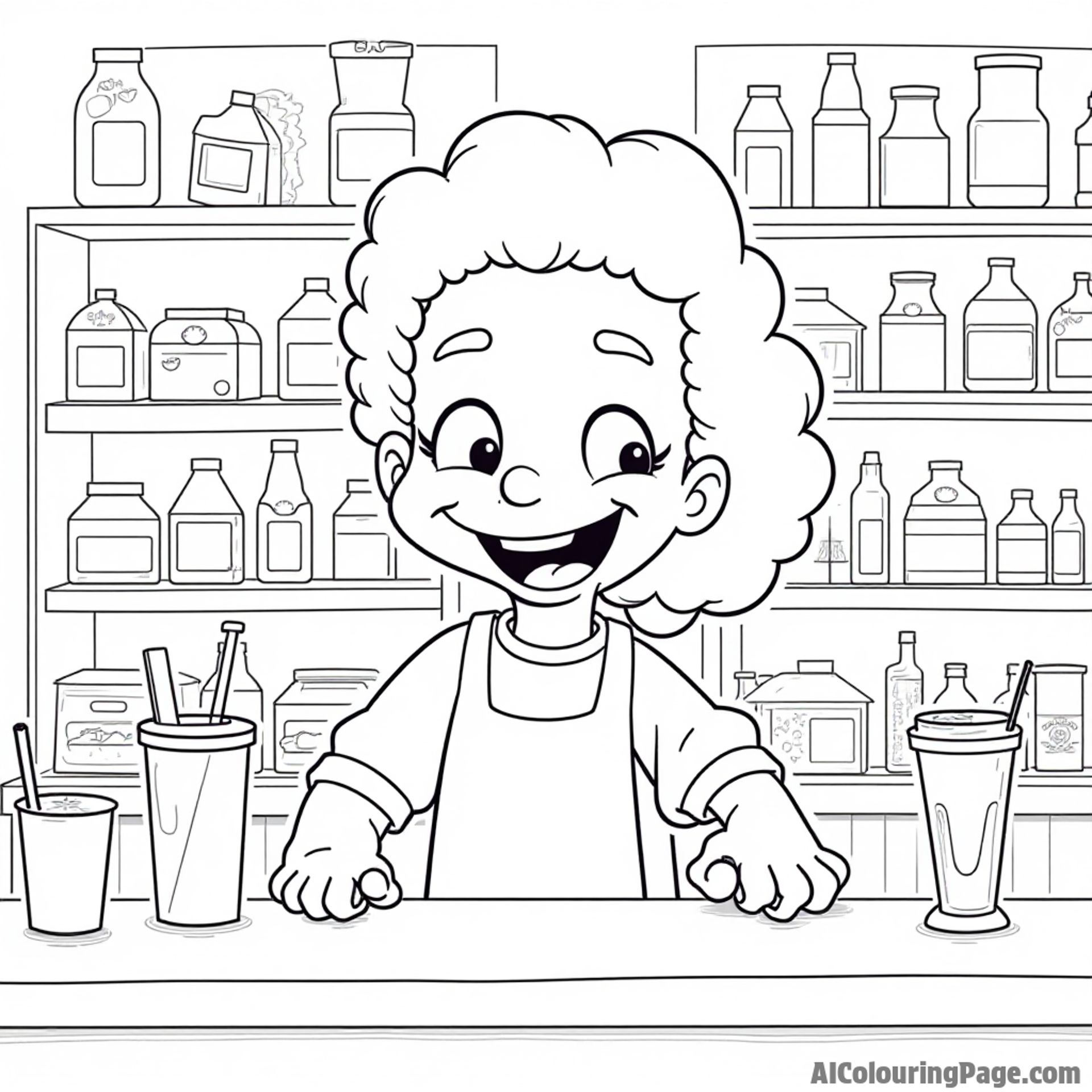 Apu Nahasapeemapetilon behind the counter of the Kwik-E-Mart, surrounded by snacks and drinks with a friendly expression.