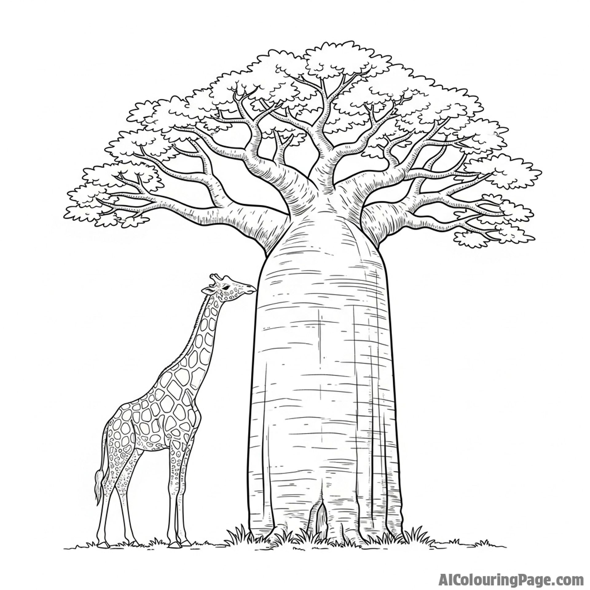 A giraffe standing beside a massive, ancient baobab tree for scale.
