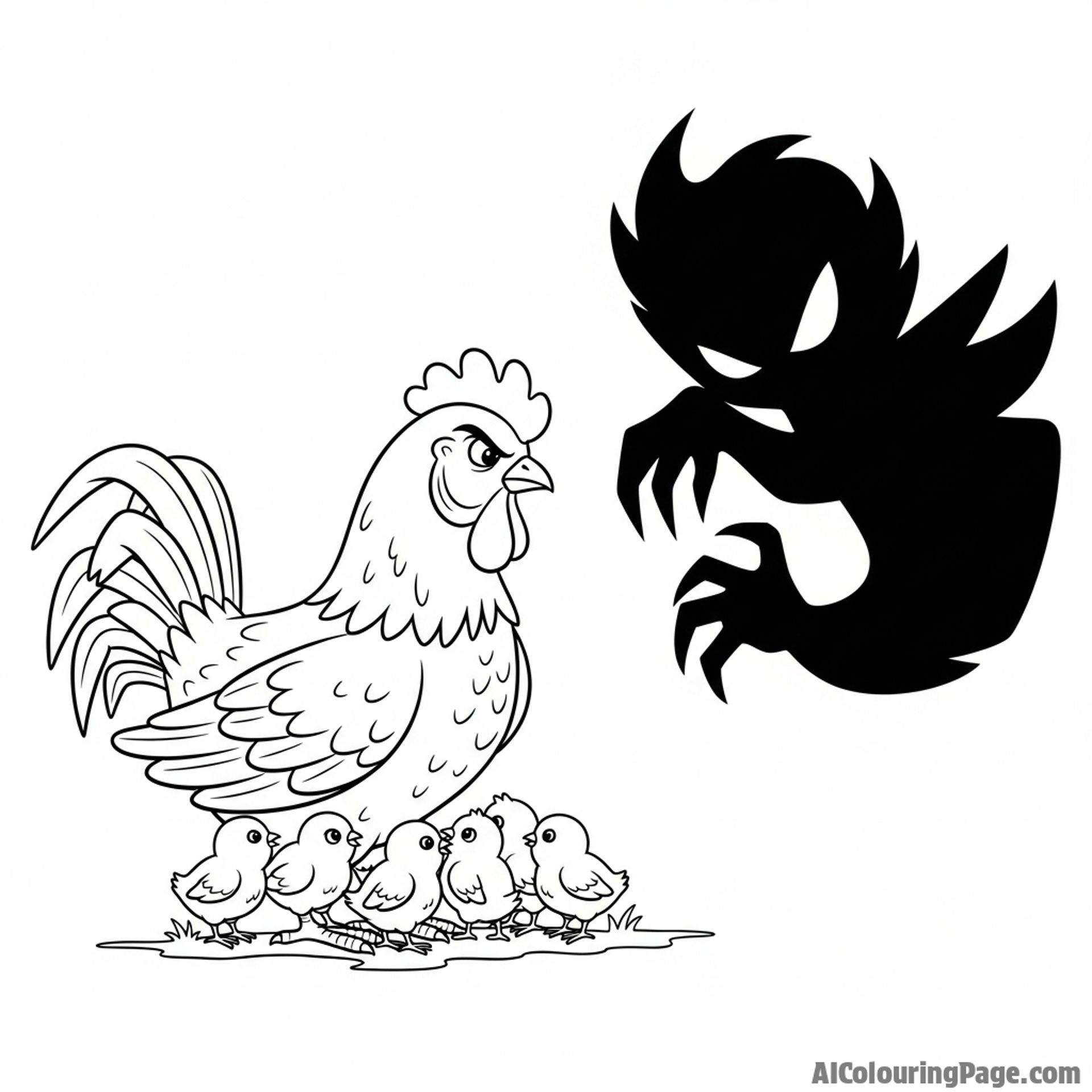 A brave hen defending her chicks from a shadow.