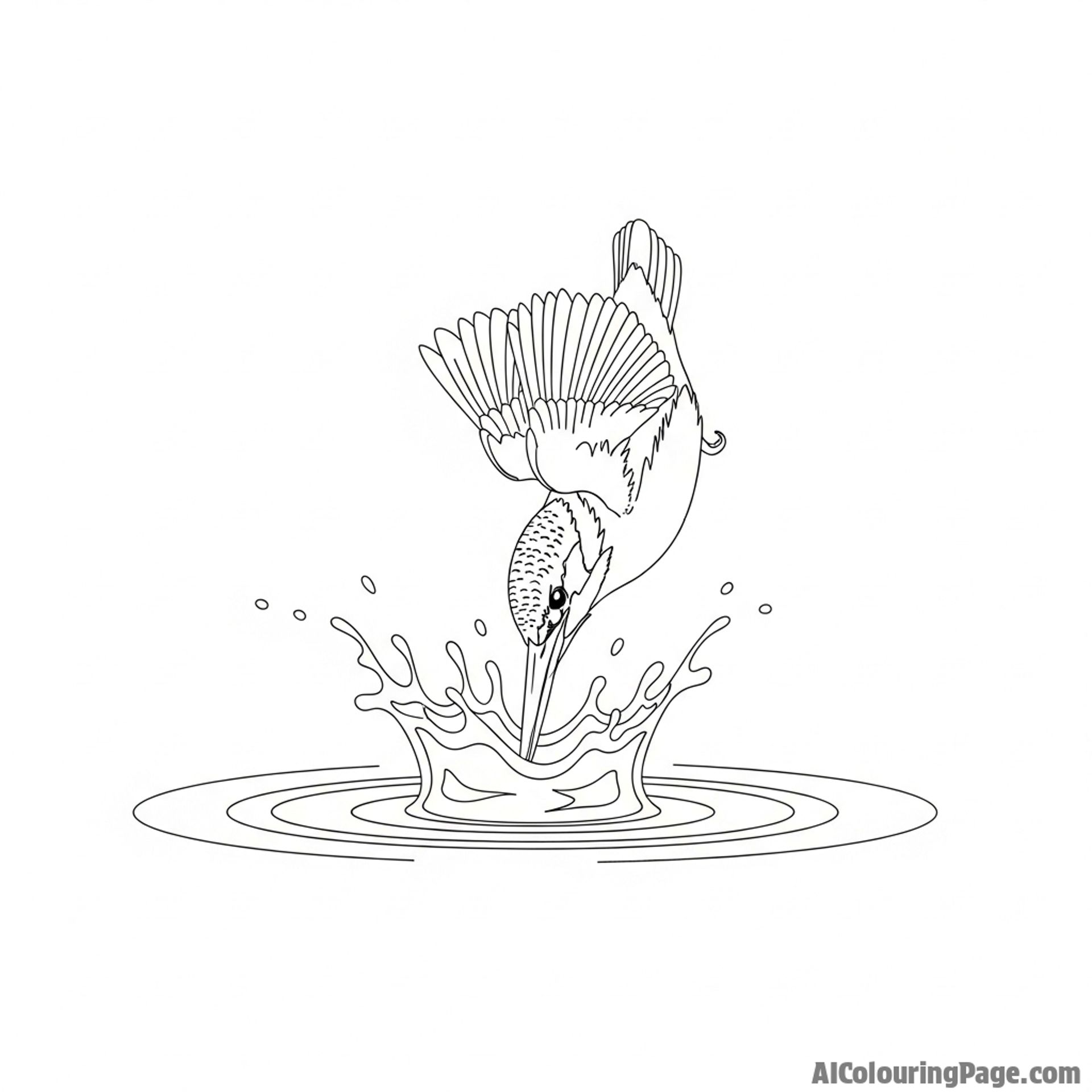 A kingfisher diving headfirst into a still pond, creating a perfect splash