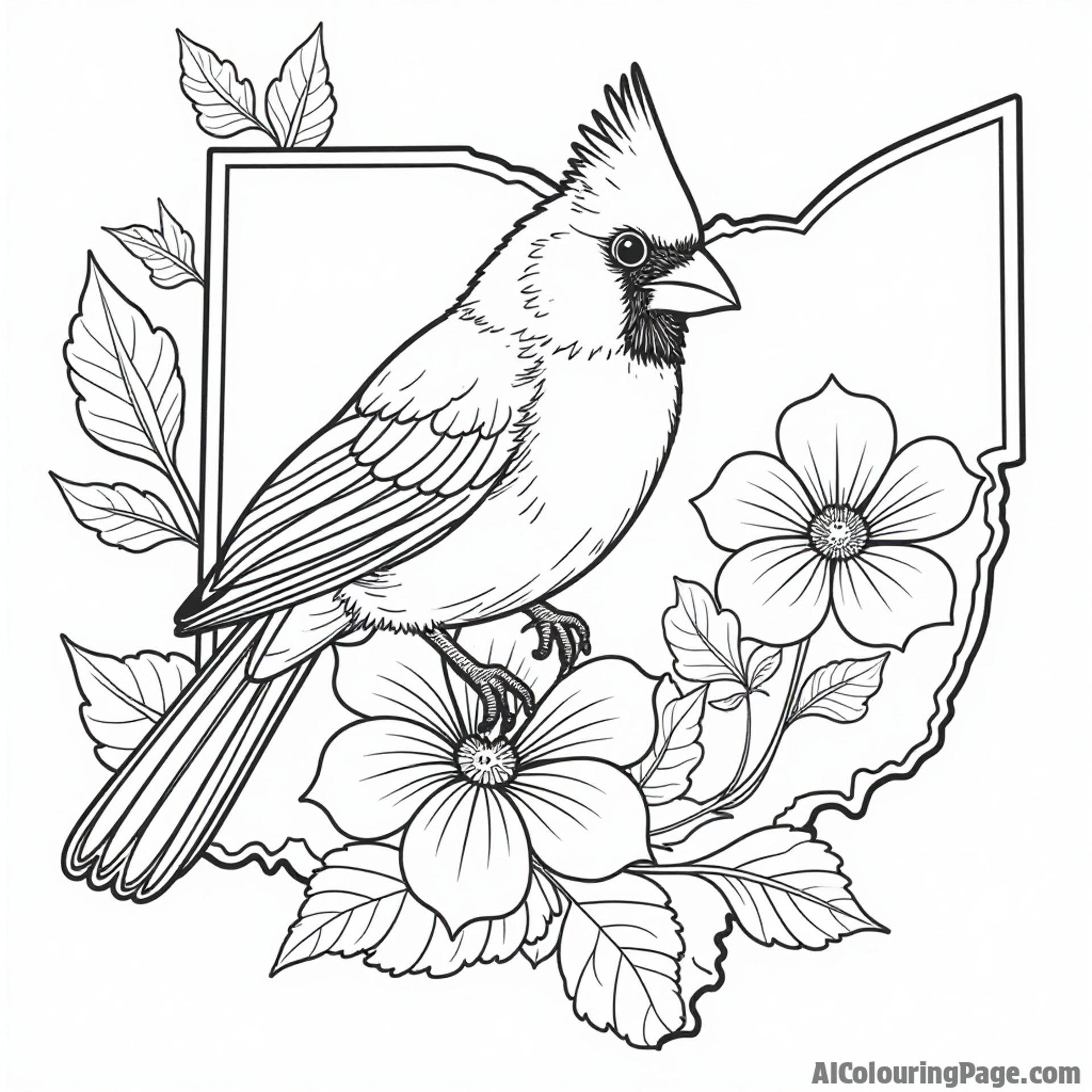 A playful depiction of a cardinal bird perched on an Ohio state flower, surrounded by leaves and flowers to color