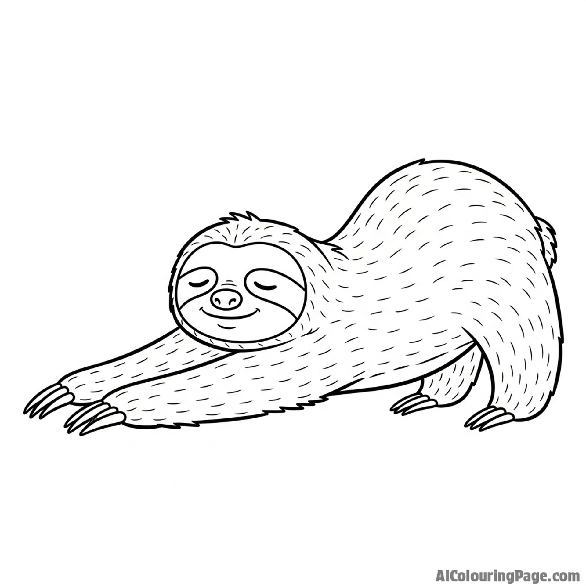 A sloth in the middle of a long, slow stretch, its limbs fully extended.