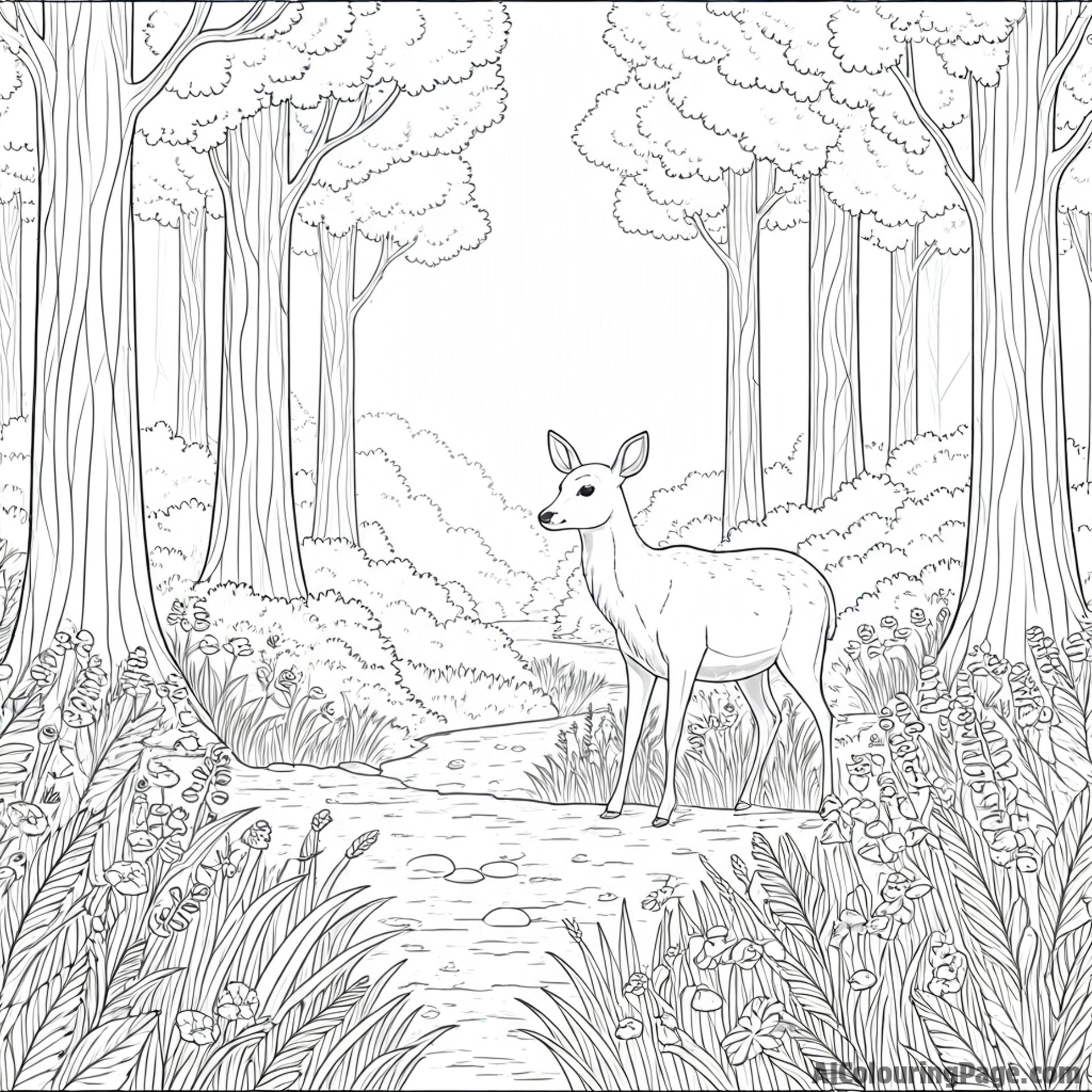 Forest clearing, sunlit meadow, wildflowers, grazing deer.