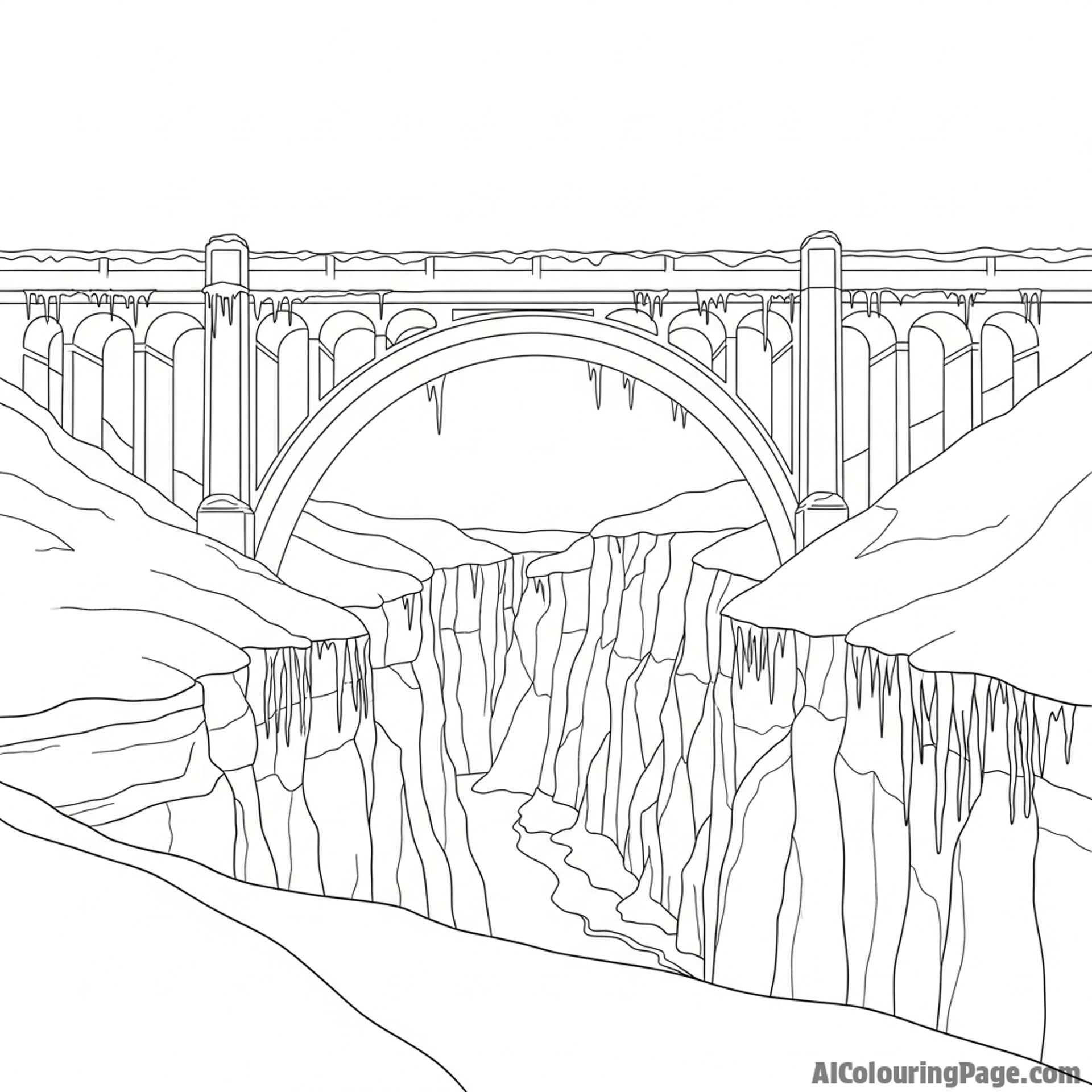 Snow-covered bridge spanning a frozen gorge, icicles hanging from the structure.