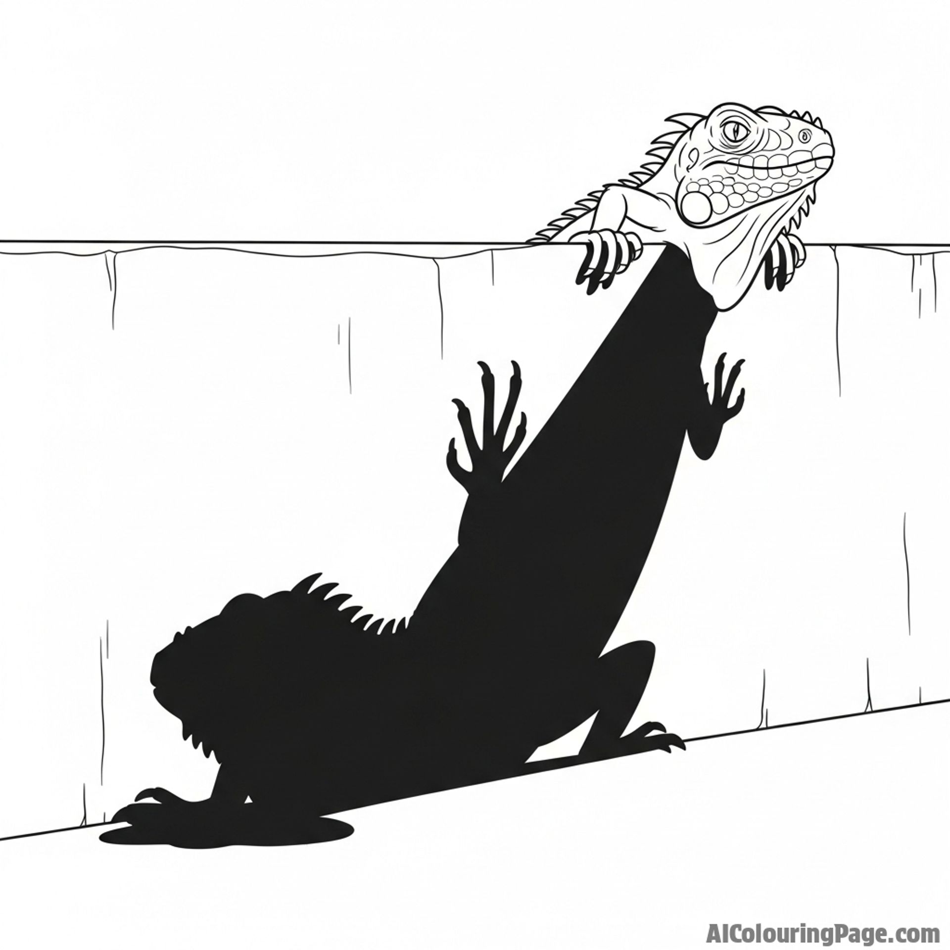 An iguana's shadow cast long against a stark, flat wall at midday.