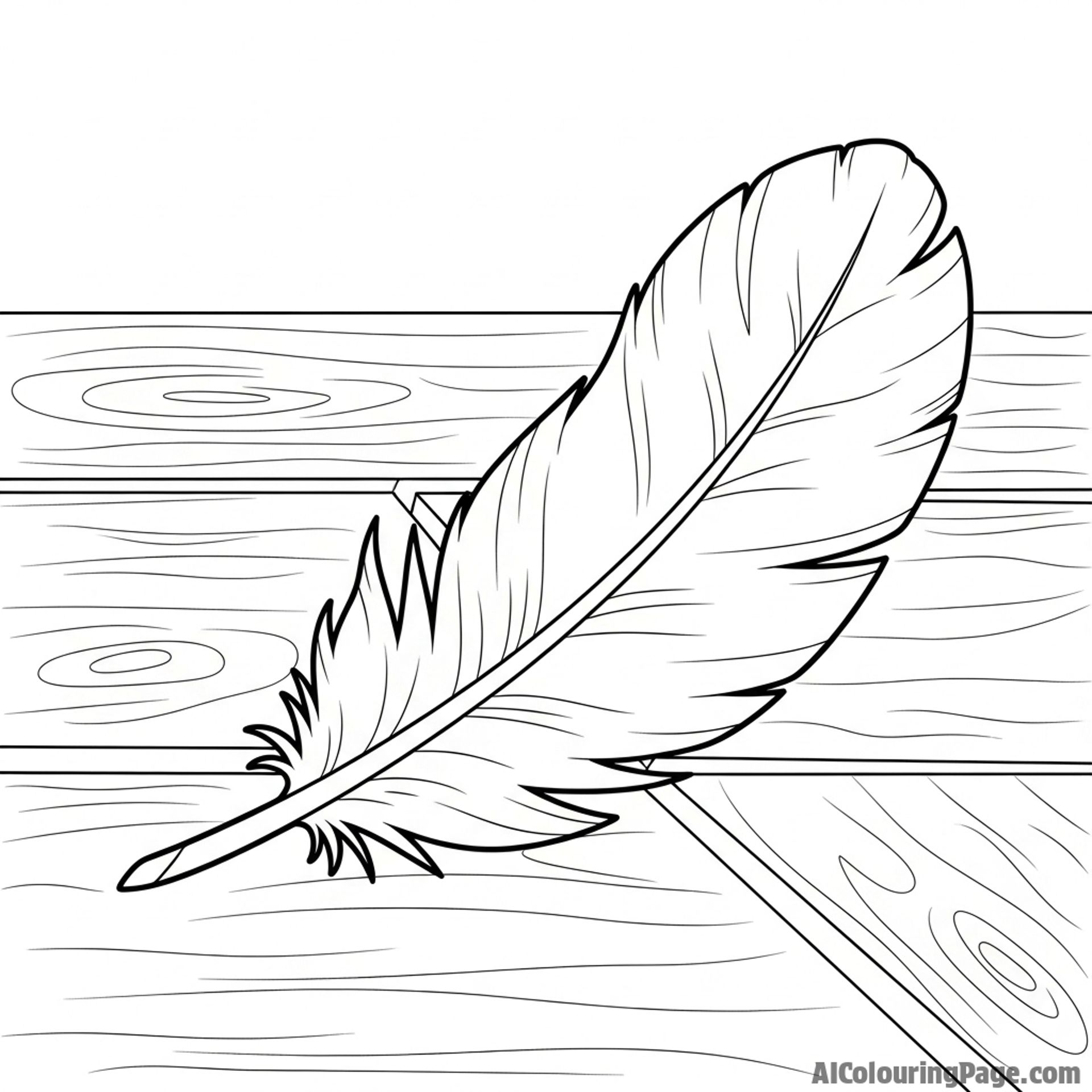 A single feather from a chicken, lying on a wooden table, macro detail.