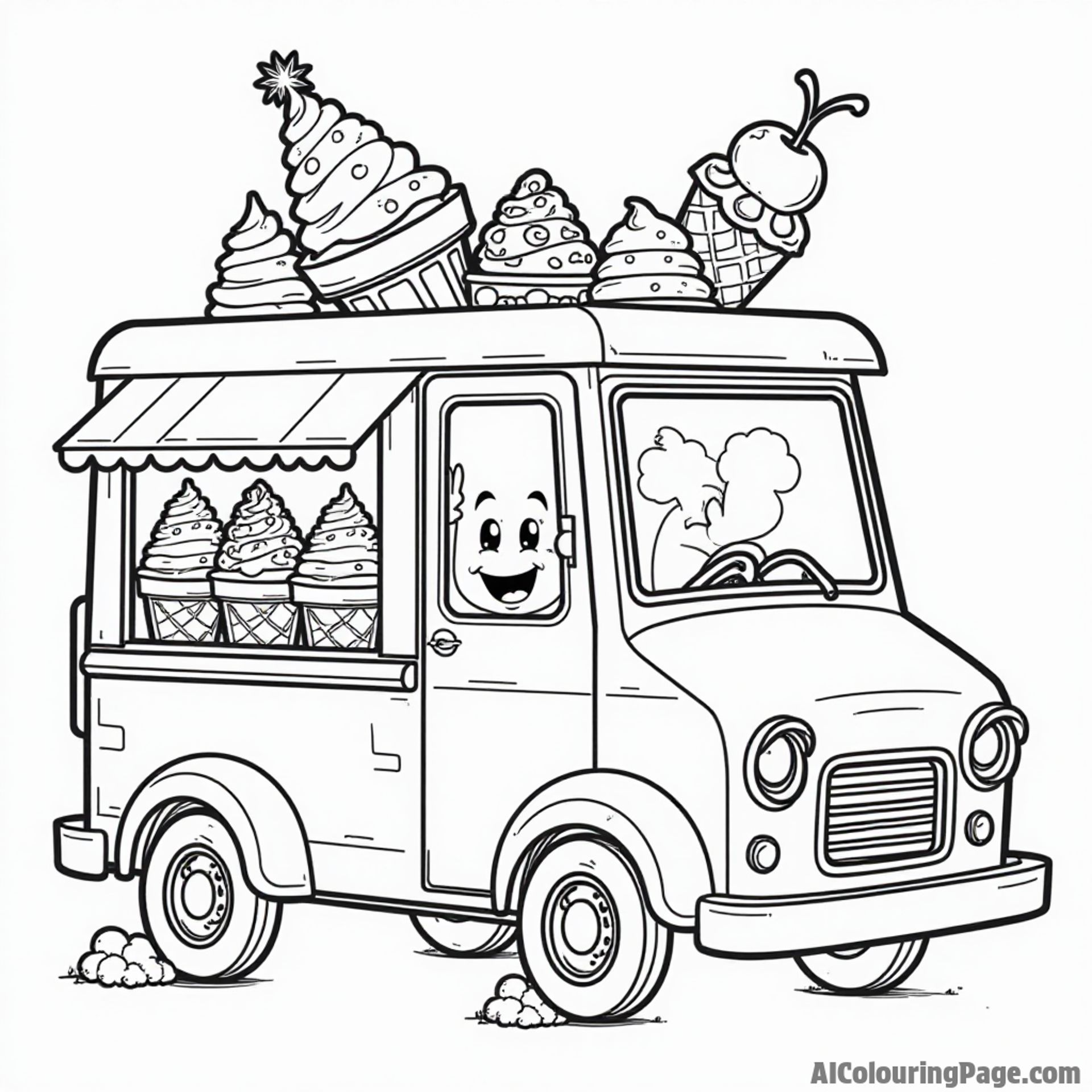 A fun ice cream truck with colorful flavors, a happy waffle cone character, and a cheerful cherry on top.
