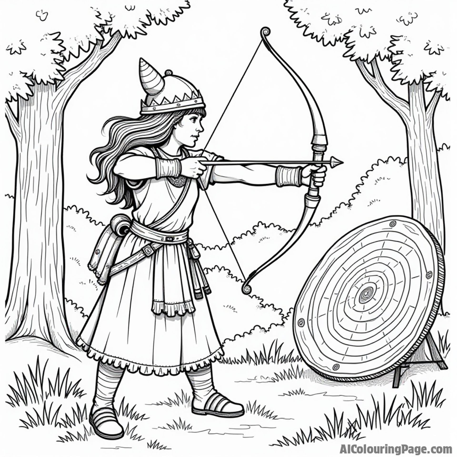 A Viking shieldmaiden practicing her archery, with a target and forest backdrop, promoting empowerment and adventure in history for children to enjoy coloring.
