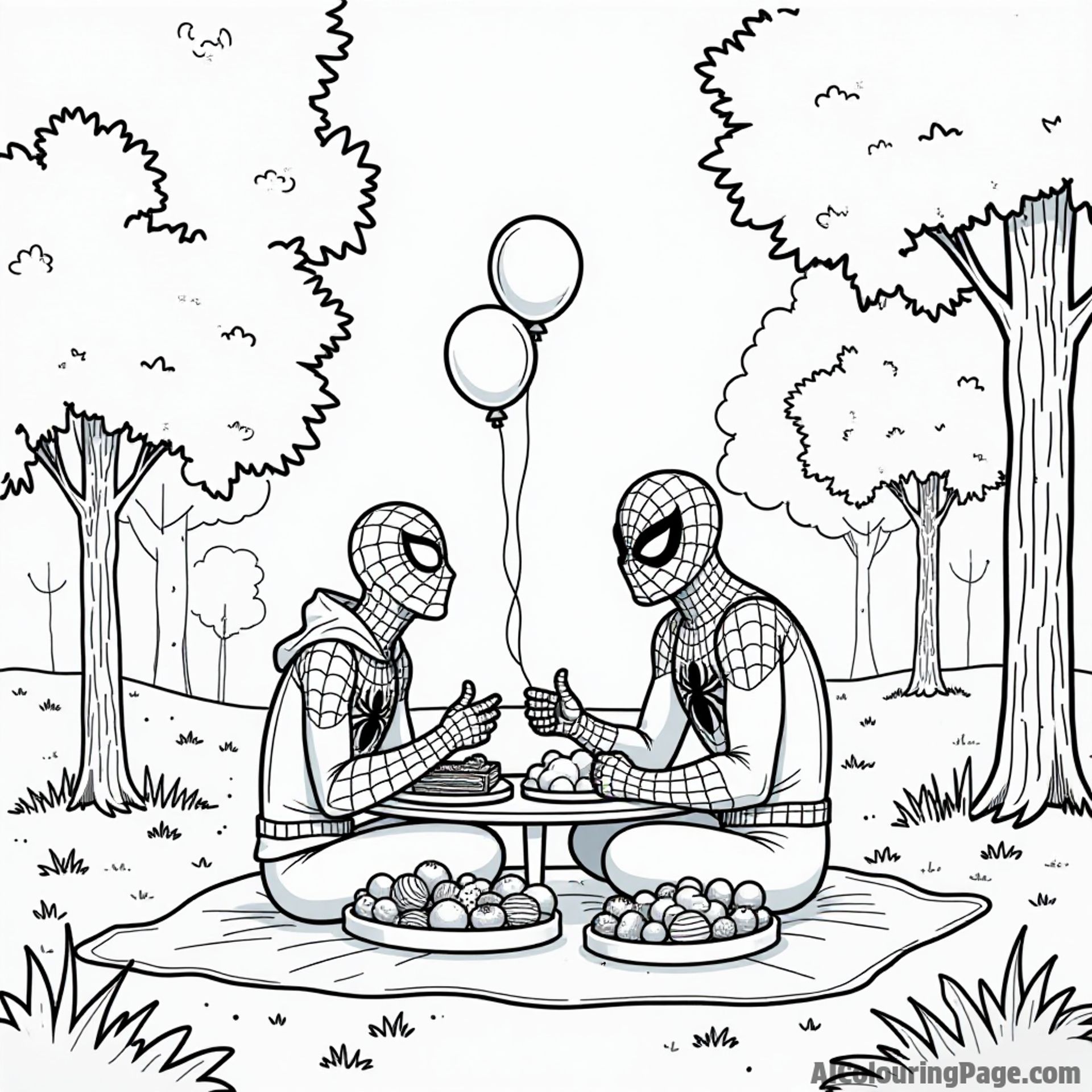 Spiderman and his friends having a picnic in the park, surrounded by trees, colorful balloons floating in the sky