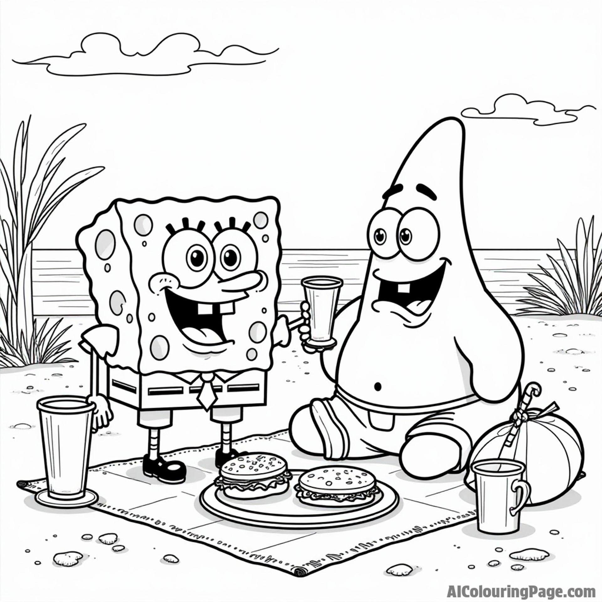 SpongeBob and Patrick having a picnic on the beach with Krabby Patties, drinks, and a beach ball nearby
