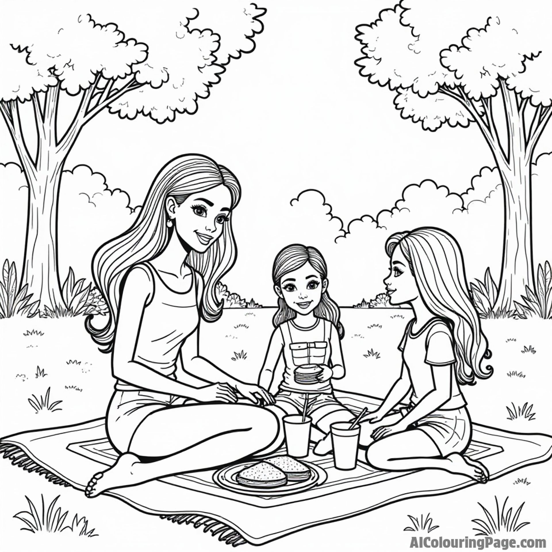 Barbie enjoying a picnic in the park with her friends, sitting on a blanket with sandwiches and juice boxes.