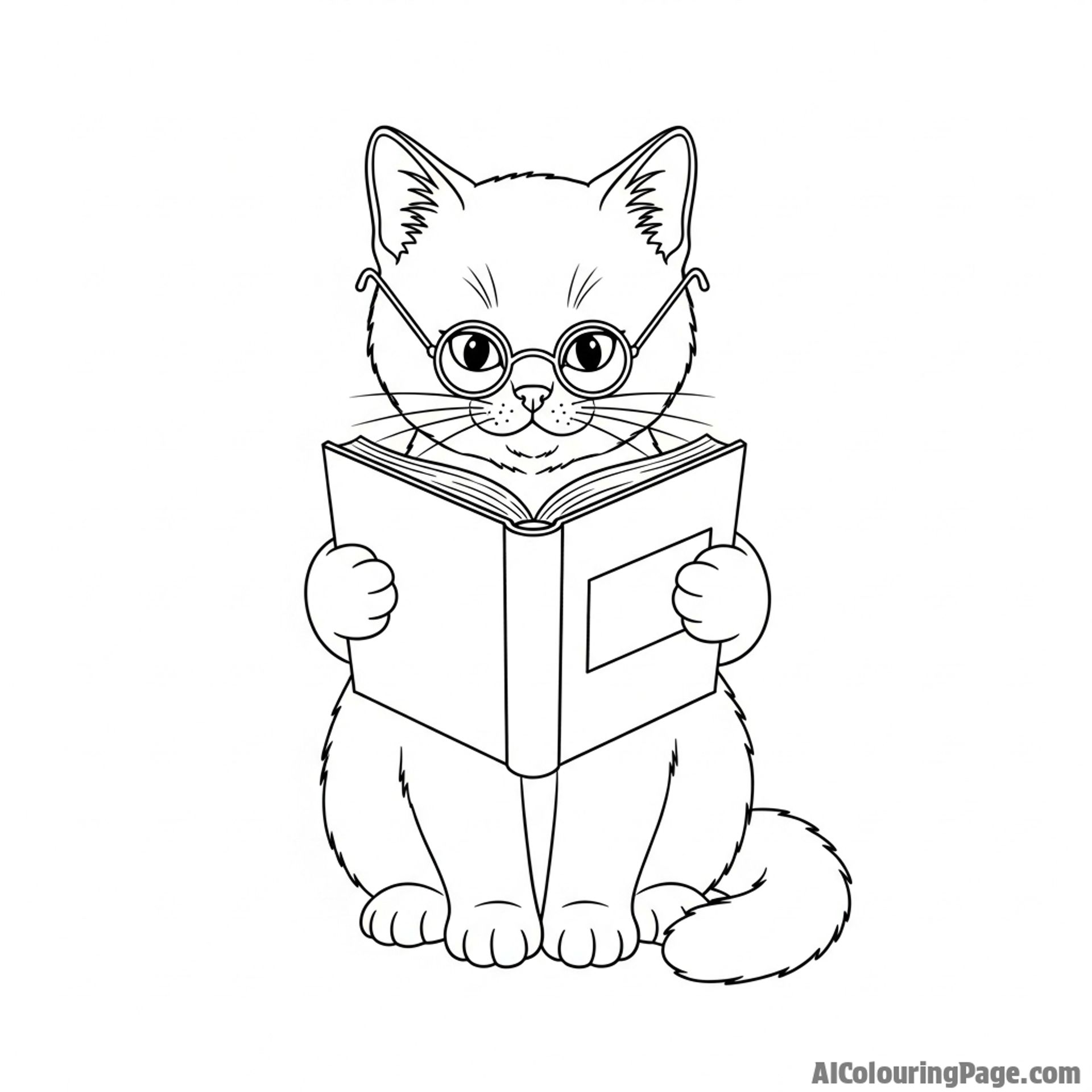 A cat as a scholar, wearing tiny spectacles and reading a book.
